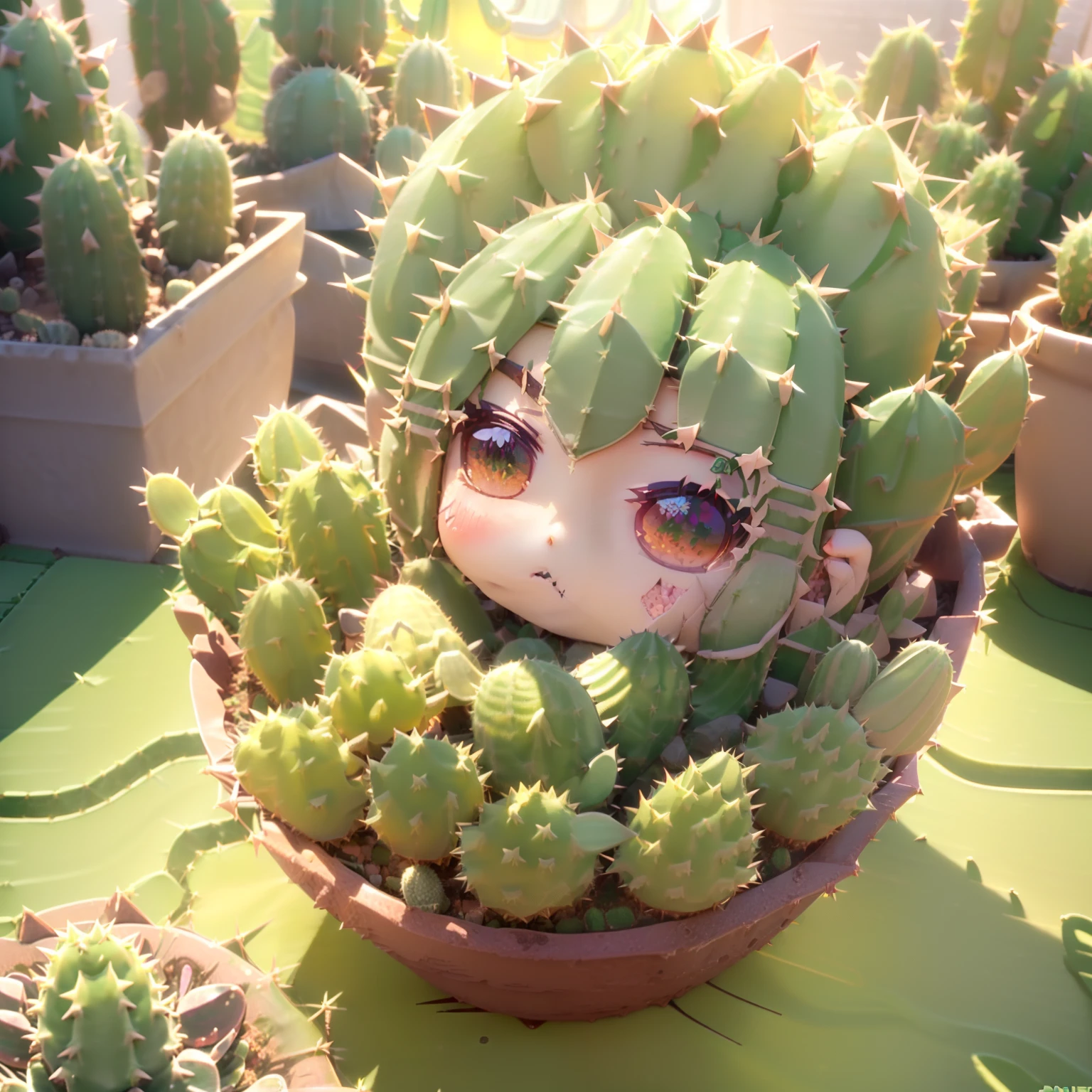 (((chibi 3d))) Cute and beautiful chibi anime//a lot of green thorns(サボテン🌵の着ぐるみを着ている:1.8) The windowsill of a Western-style building,Morning sun shines through the window