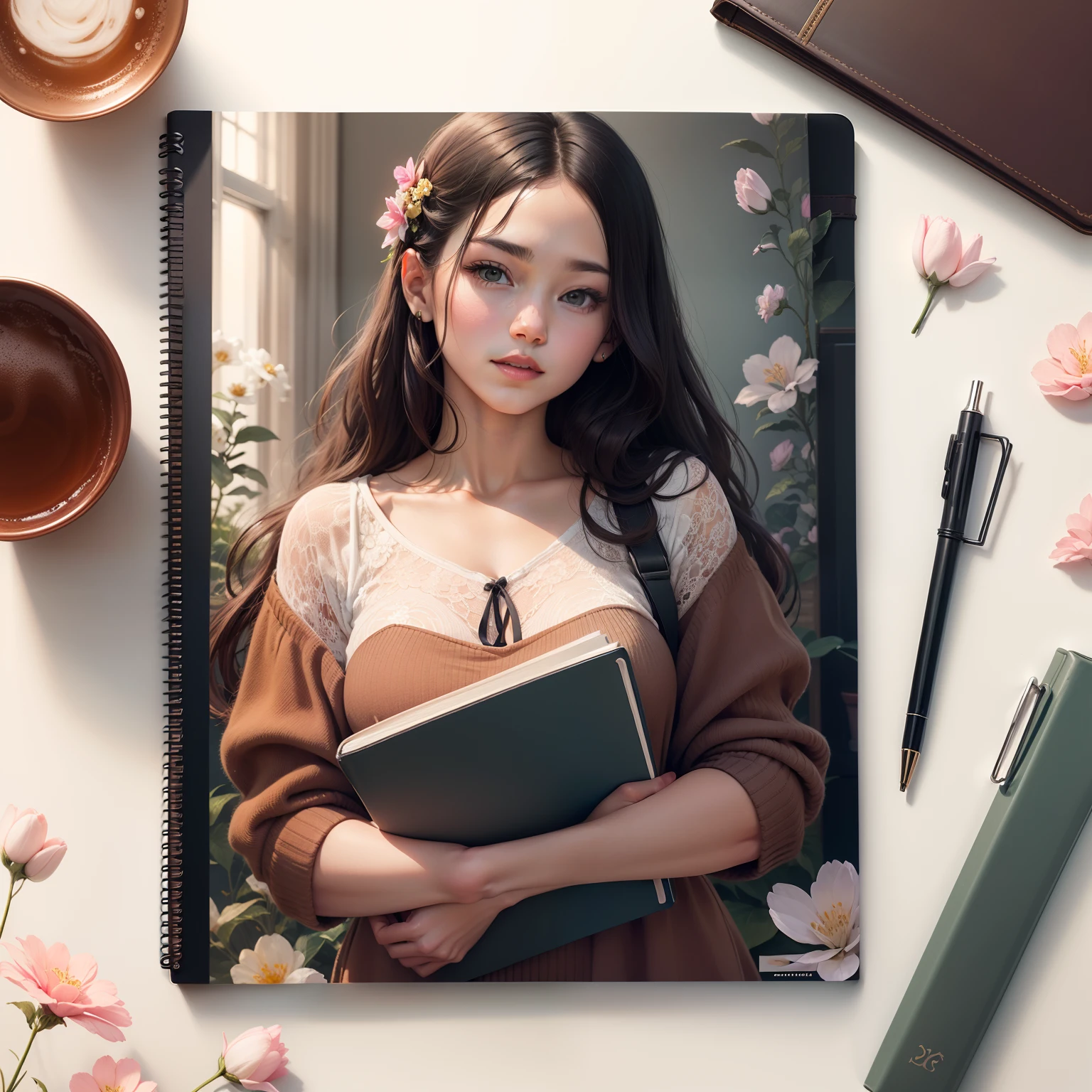 Someone holding a closed notebook prominently on the cover of the notebook that I aspire to on the side floral and feminine cover