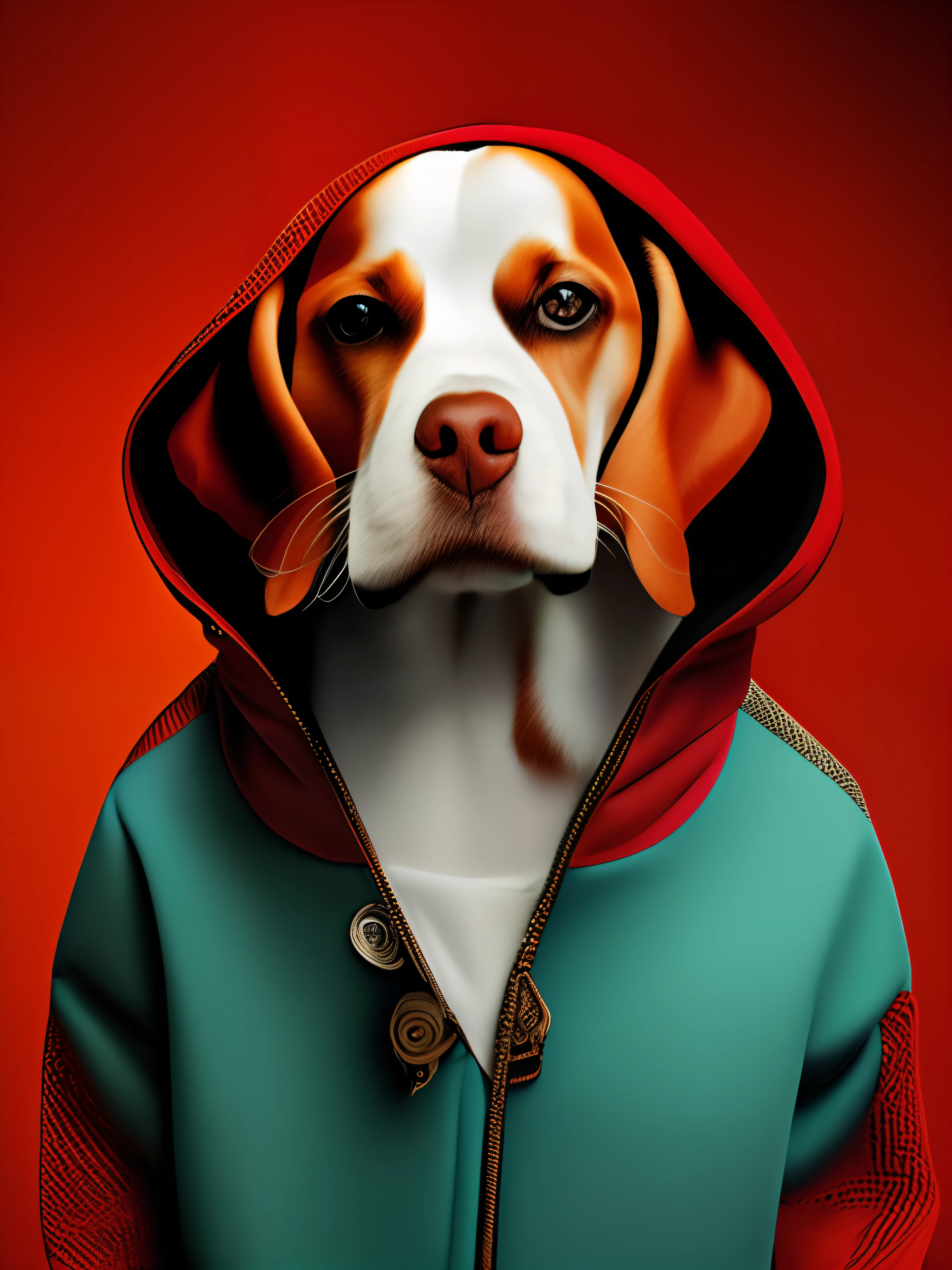 Blackholeengine un perro fumando tabaco, perro beagle, perro con una sudadera con capucha roja, fondo negro