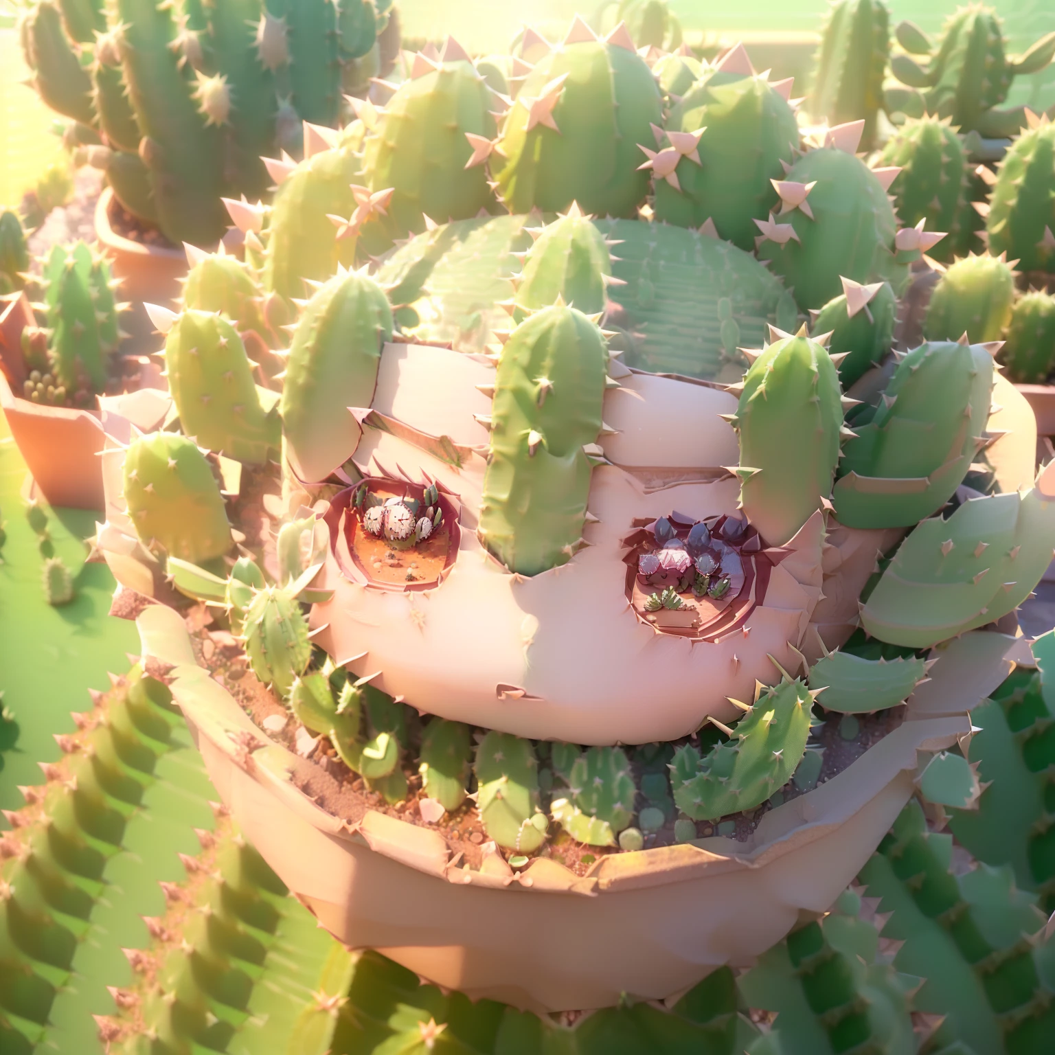 (((chibi 3d))) Cute and beautiful chibi anime//a lot of green thorns(サボテン🌵の着ぐるみを着ている:1.8) The windowsill of a Western-style building,Morning sun shines through the window