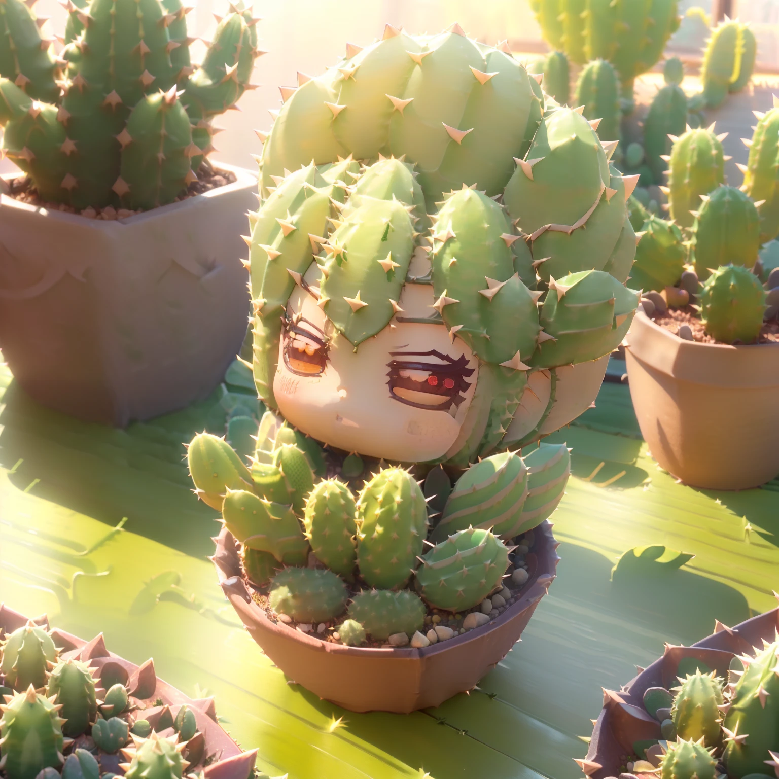 (((chibi 3d))) Cute and beautiful chibi anime//a lot of green thorns(サボテン🌵の着ぐるみを着ている:1.8) The windowsill of a Western-style building,Morning sun shines through the window