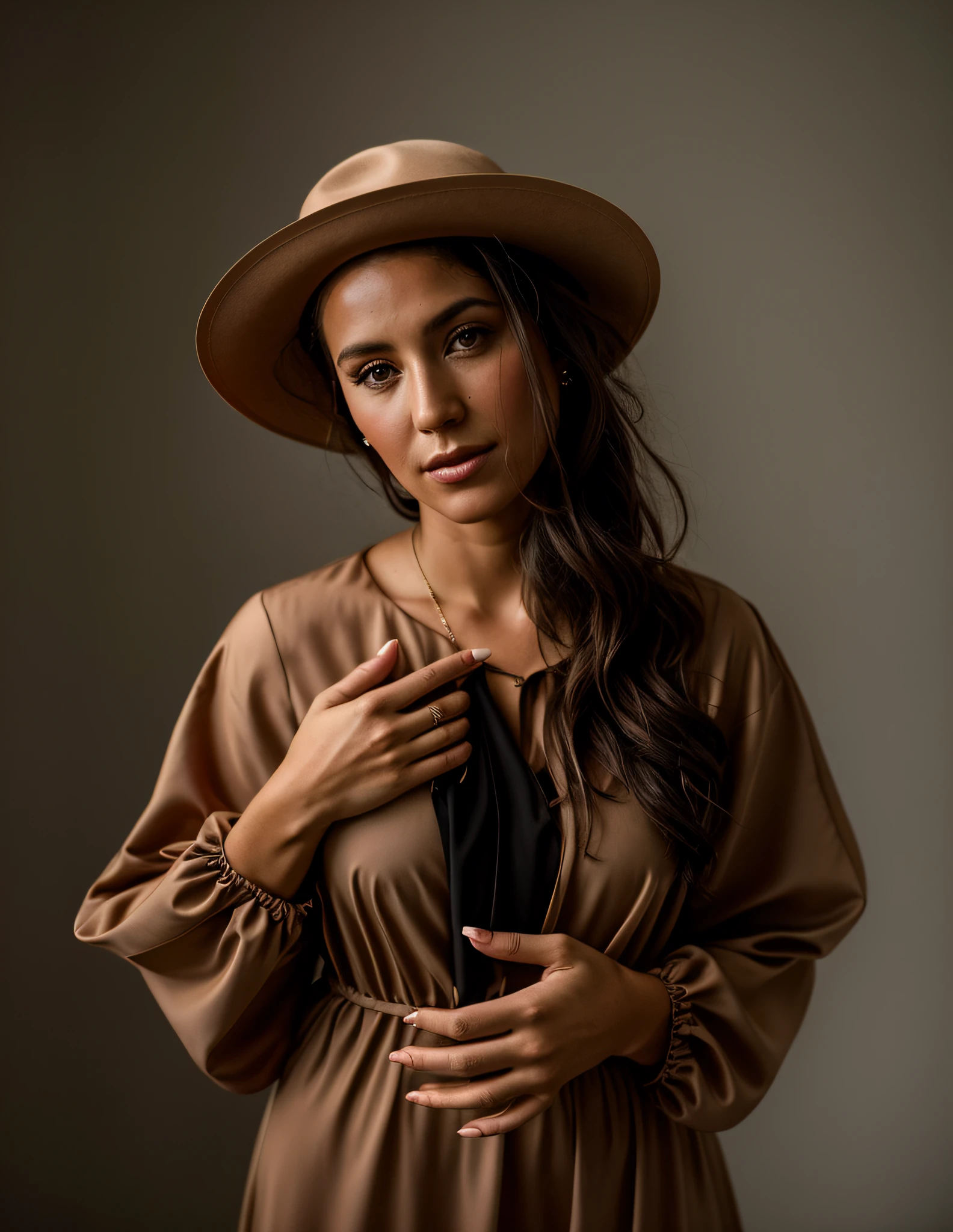 Arafed woman in a brown dress and hat posing for a photo, photoshoot retrato de alta qualidade, fotografia de retrato fine art, retrato editorial, retrato de moda, dramatic portrait, Retrato de 60mm, foto retrato da moda, retrato da fotografia da moda, retrato da fotografia, medium portrait soft light, studio photography portrait, retrato photoshoot, inspirado em Hendrick Terbrugghen
