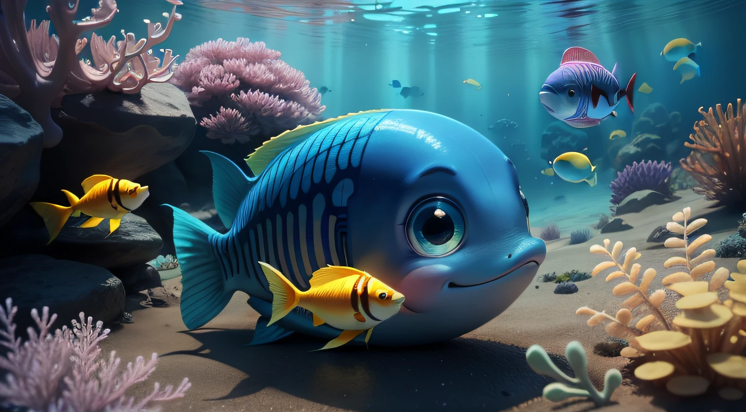 A small fish named Vitor at the bottom of the ocean. toon, pixar style, 3d, cartoon --auto