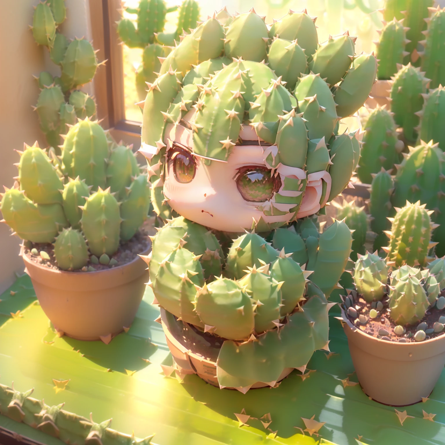(((Chibi 3D))) Cute and beautiful chibi anime//a lot of green thorns(身長のあるサボテン🌵の着ぐるみを着ている:1.8) The windowsill of a Western-style building,Morning sun shines through the window