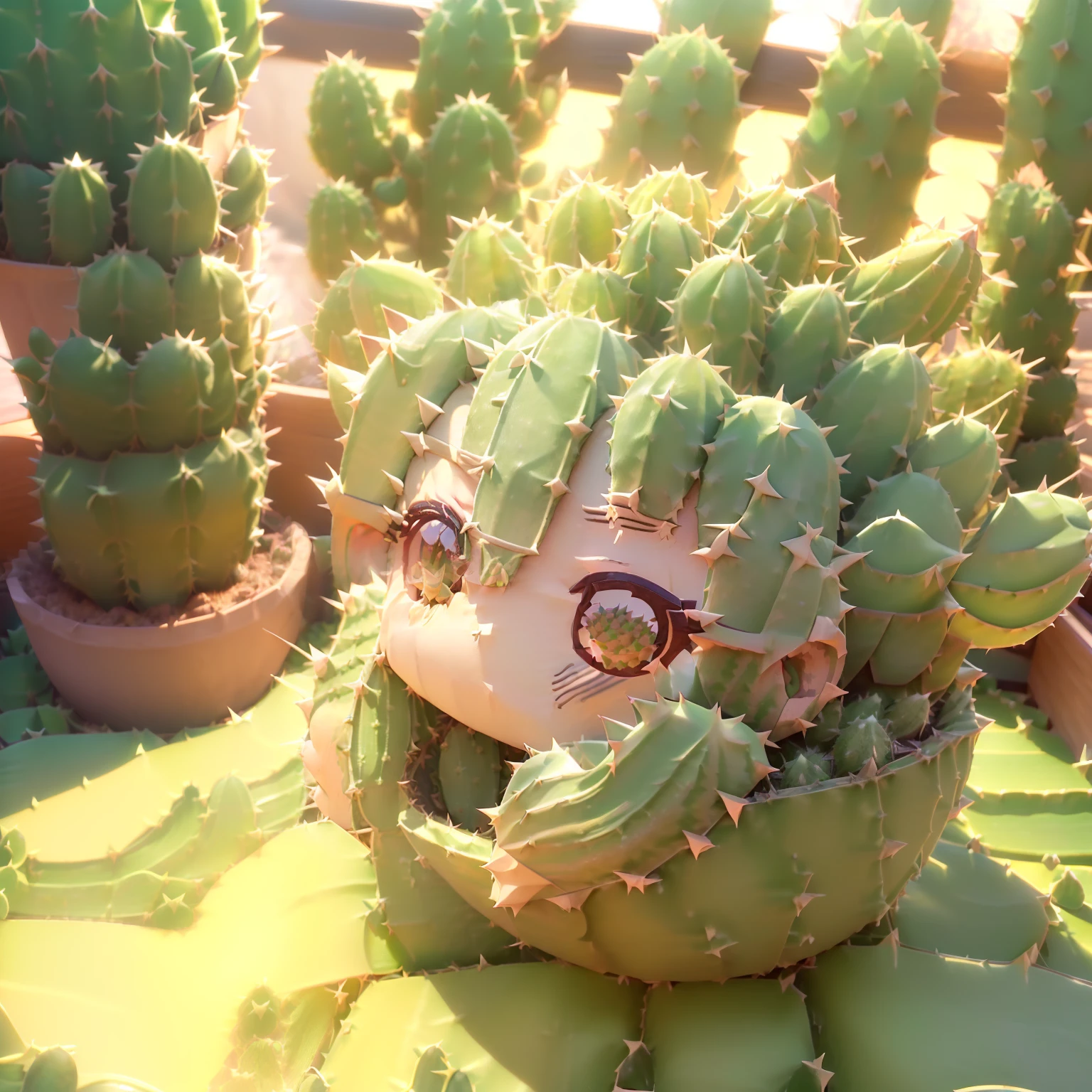 (((Chibi 3D))) Cute and beautiful chibi anime//a lot of green thorns(身長のあるサボテン🌵の着ぐるみを着ている:1.8) The windowsill of a Western-style building,Morning sun shines through the window