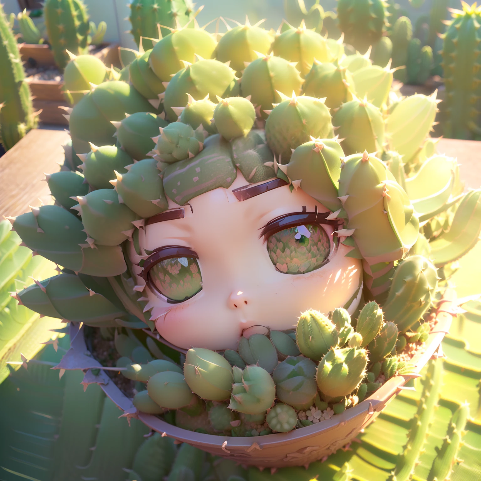 (((Chibi 3D))) Cute and beautiful chibi anime//a lot of green thorns(身長のあるサボテン🌵の着ぐるみを着ている:1.8) The windowsill of a Western-style building,Morning sun shines through the window