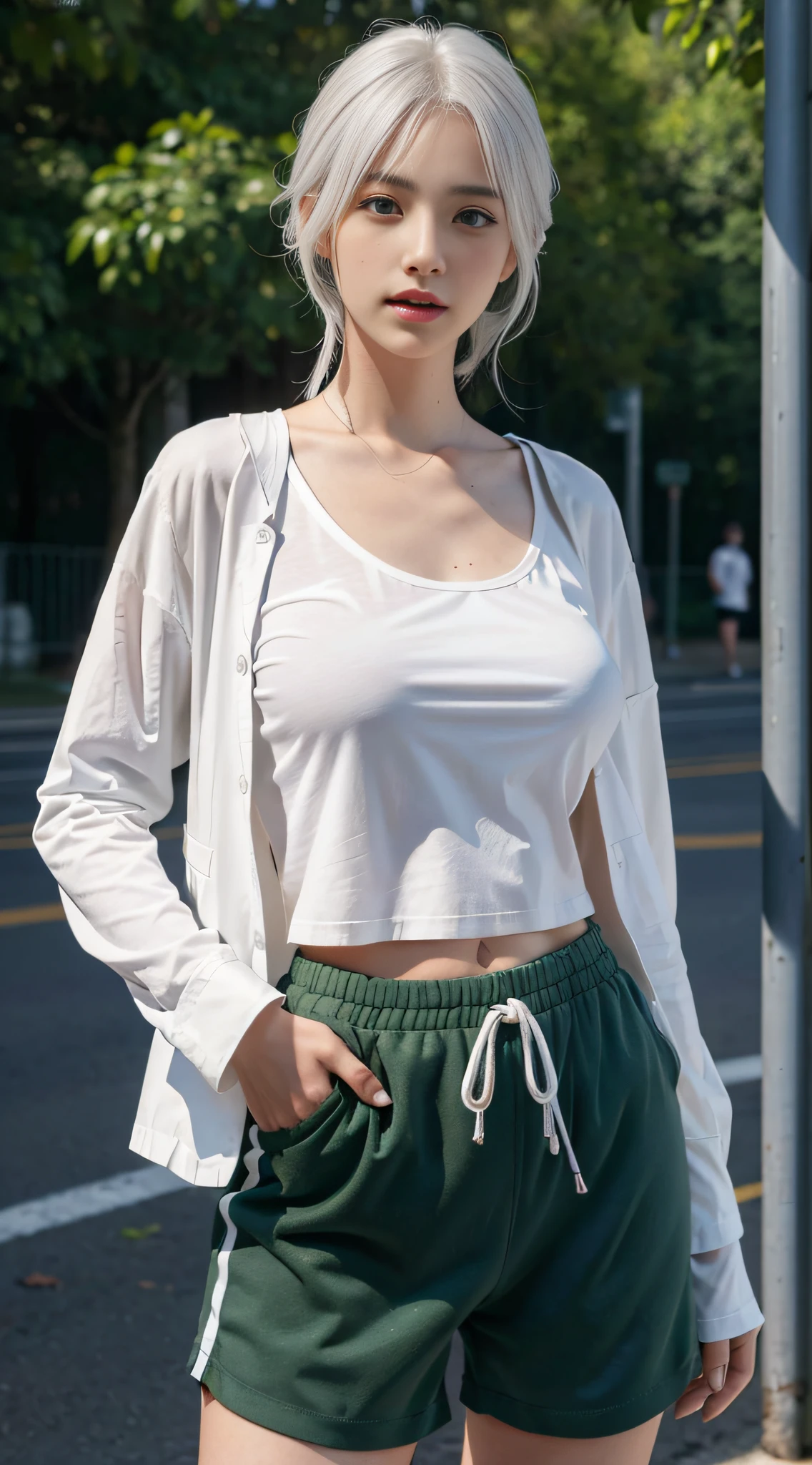 photorealistic, high resolution, 1 girl, white hair, korean, heterochromia eyes, small mole below eye, loose navy green shirt, gray gym shorts, large breast, large thighs