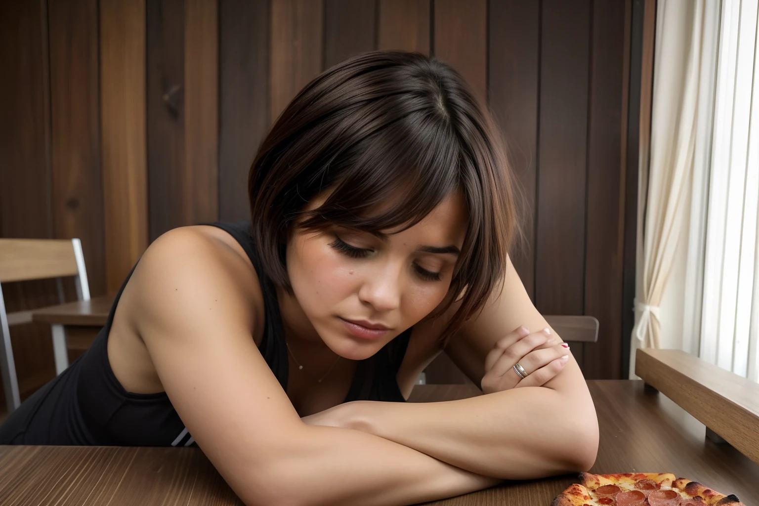 1, there's a girl, mulher gorda, sentado, with his arms resting on the dark wooden table, On the table is a pepperoni pizza, acima do peso, vestir, His face is sad, Tears at the table, pelo rosto, pingando, Cinematographic photo, detalhada,8k, realista