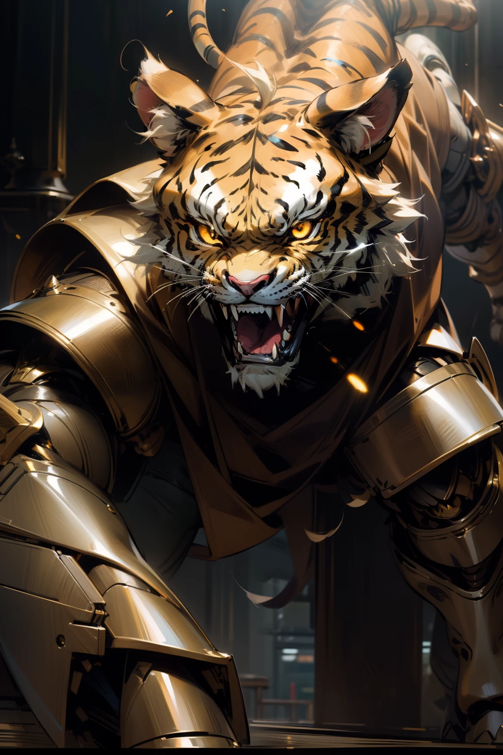 (masterpiece:1.2), best quality, high resolution, unity wallpaper 8k, (illustration:1.0), fine detail, extremely detailed, perfect lighting, extremely detailed CG, double glowing eyes, saber-toothed tiger, golden armor