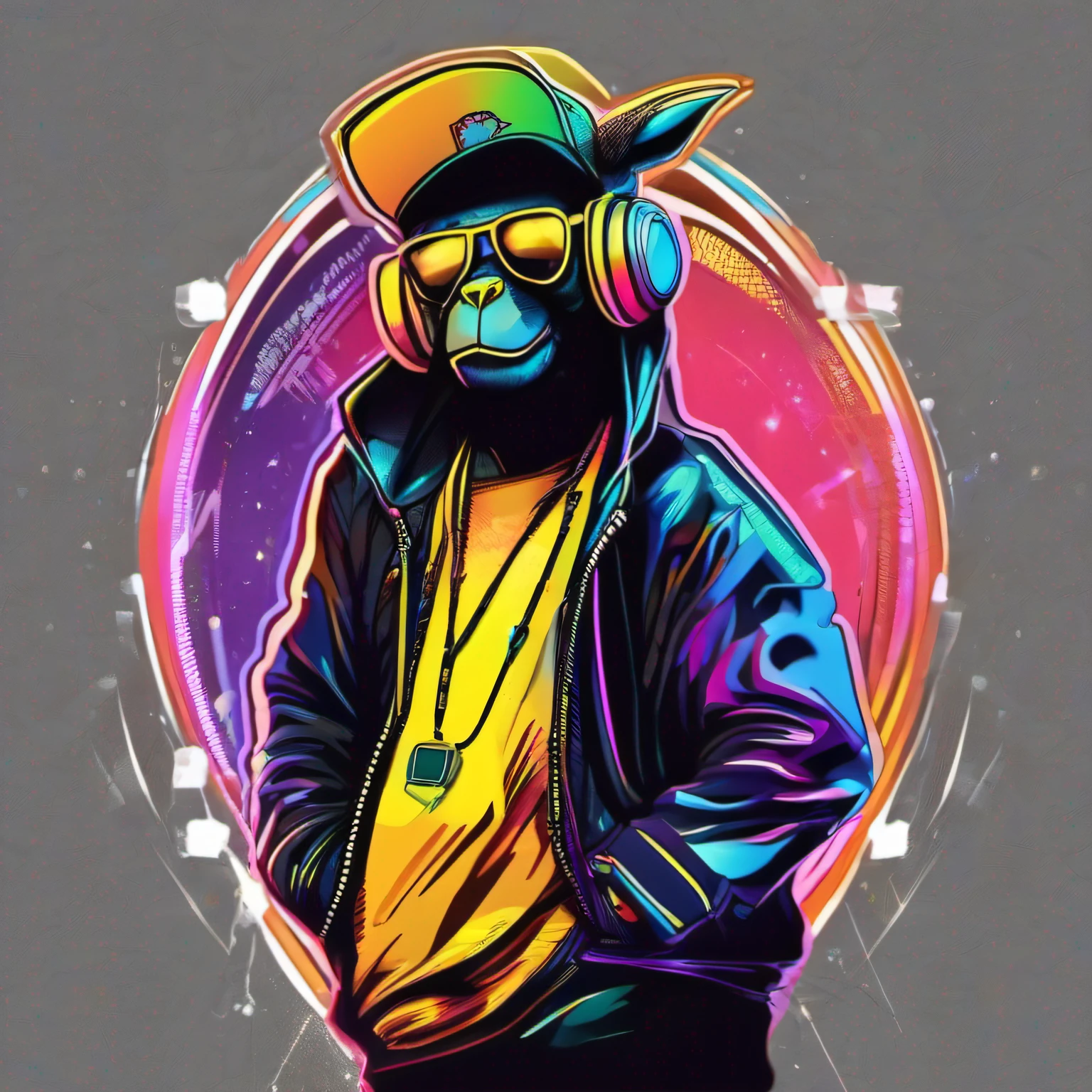 arte da camiseta, 2D, ((fundo preto :1, 5)), vetor, vivid colors, Funny character coelho personagem COM roupa ESTILO hip hop , melhor qualidade, detalhes intrincados, Realistic details, luz de aro, cinematic shading, Greg Rutkowisk,