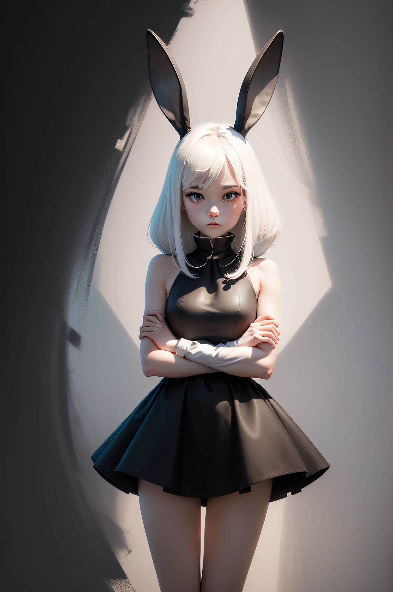 Simple white rabbit in drawing with all black background with arms crossed