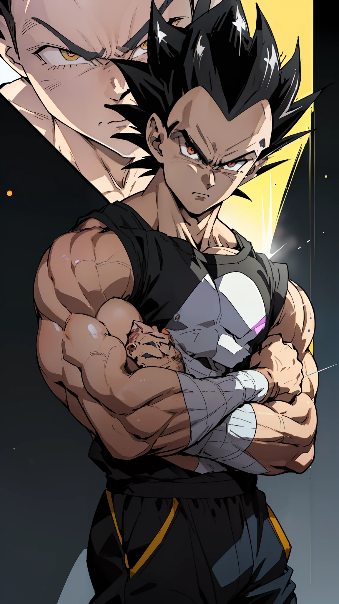 (anime) . Male (man ((Vegeta))), (black eyes + black hair + pink shirt + yellow pant + in the space)  . (Masterpiece: 1.8), (64k quality), (final fantasy artwork concept), detailed (manga eyes + hair + clothes + body + face + colors + shoulders + eyes (globular + transparent + liquid) + (sharper drawings) + (shiny jewelry) + (clothes folds) + (rounded eyes) + (consistent clothes) + (clothing features) + (eyes line), better (colorful + (coarser line) + (black line) + finishing . [Drawing] (Anime (Manga (Comics))) + (Coarse Line: 1.8) + (Black Line: 1.8) + (Color: 1.8) + (Clean: 1.8) + (Contrast: 1.8) + (Black Outline: 1.8) + (adjusted colors: 1.8) + (shadow set: 1.8) + (manga eyes: 1.8) + ((muscle: 1.8)) + ((bodybuilder: 1.8)), ((made homogeneous: 1.3))