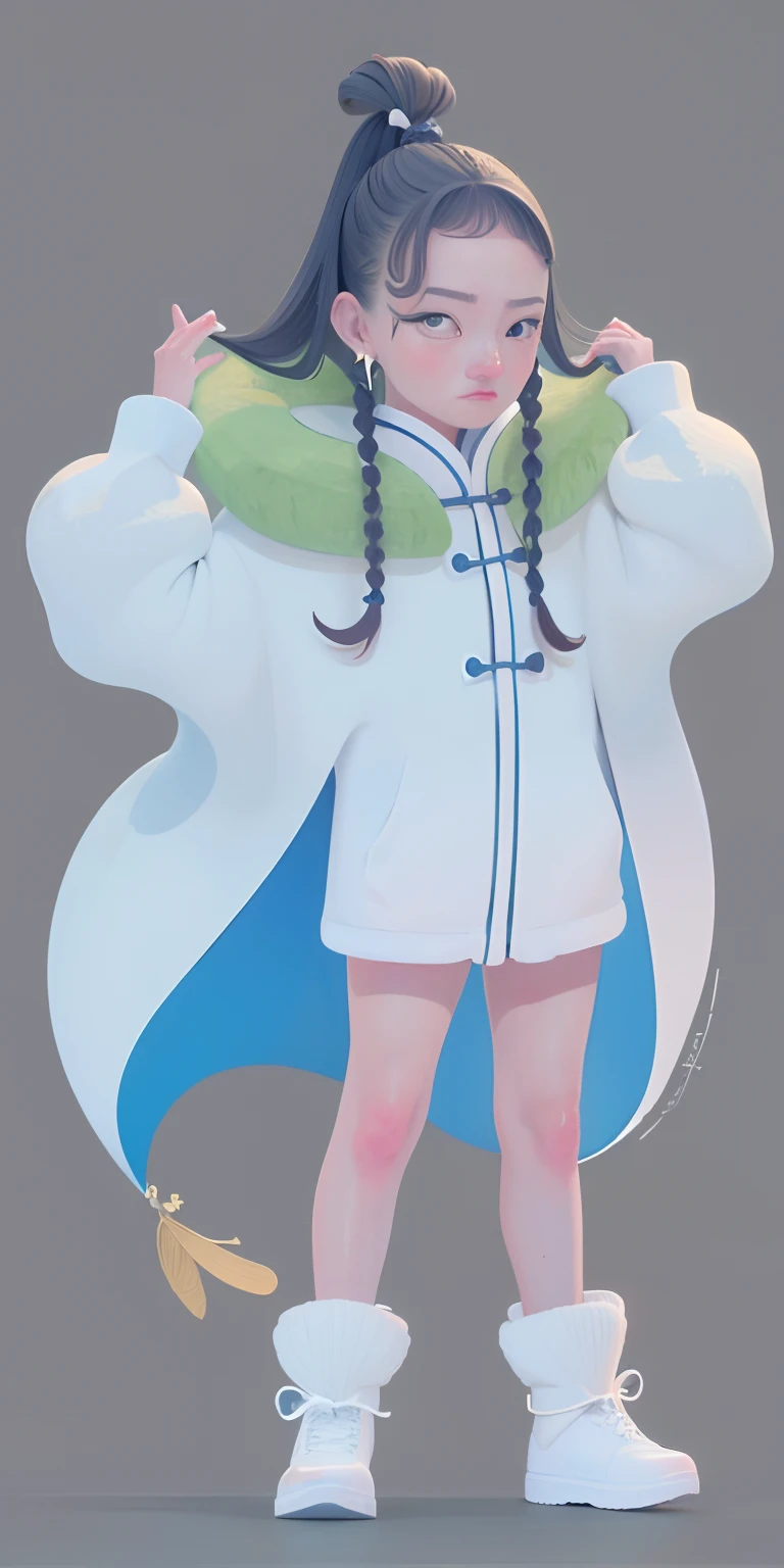 Need,tmasterpiece,whaite hair,Golden eyes,Manteau blanc,Look up,The upper part of the body,Hairline,Fair skin,SideBraid,Full body like,Miniature villain,Q version。Hanfu,Full body photo
