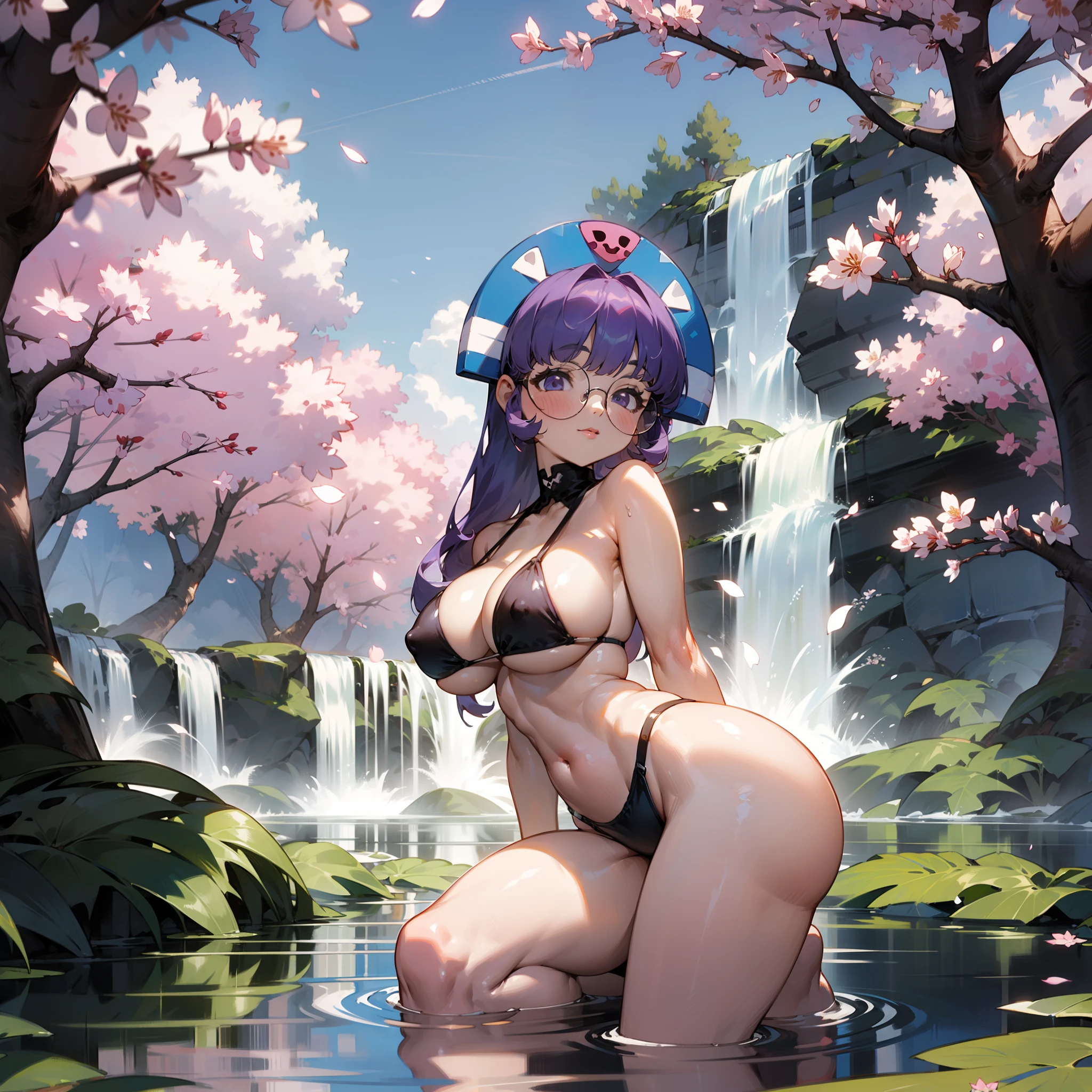 Gluko. tetas grandes, thicc. In a sling bikini. In the lake next to the waterfall. with glasses on. purple hair. Sexy. A lot of money. Sundown. Sakura. cherry blossoms. lily.