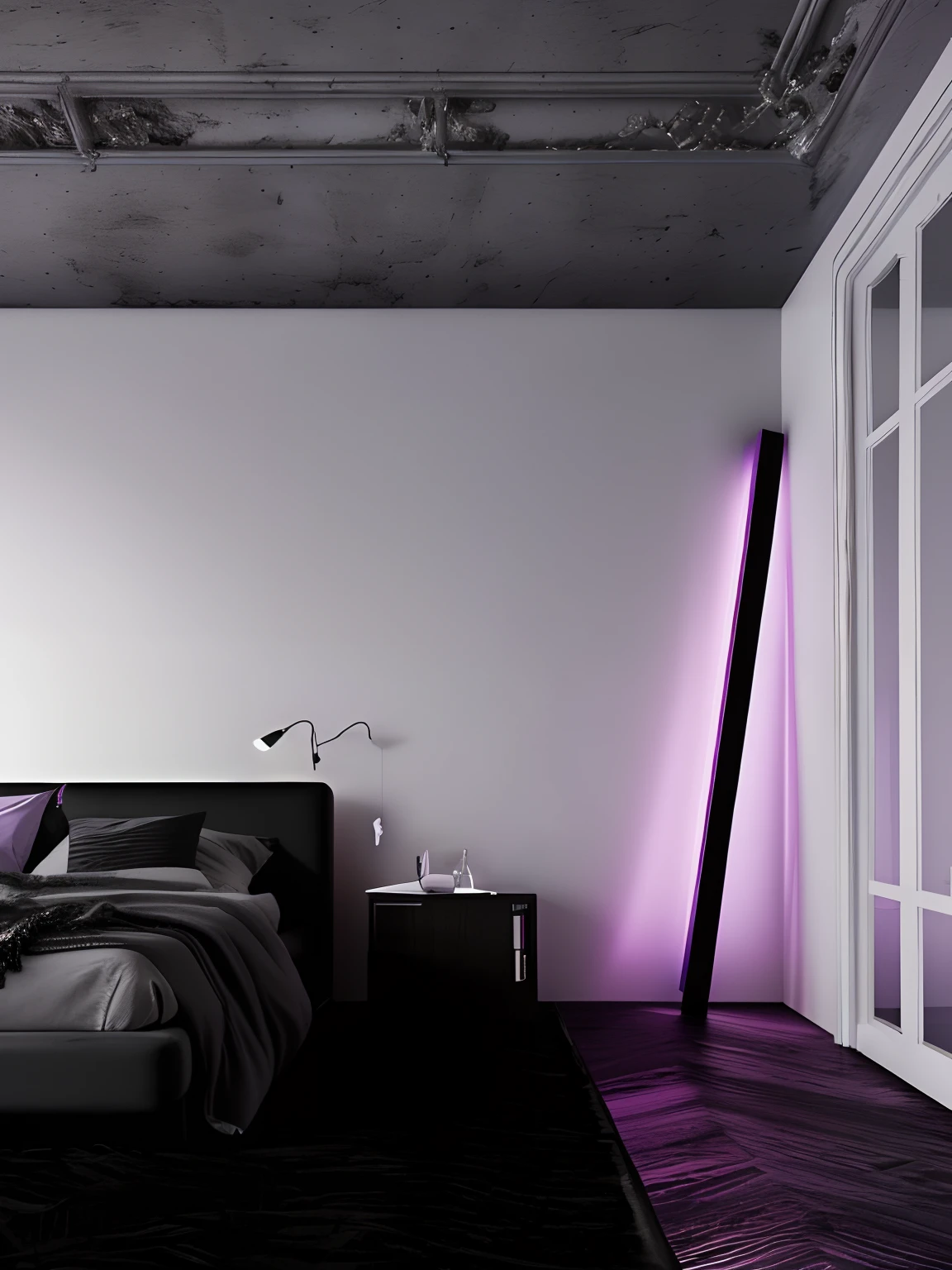 Quarto com uma cama e uma luz roxa no canto, dramatic discreet neon lighting, soft neon purple lighting, Luzes OLED nos cantos, luzes de destaque neon, dramatic neon lighting, luz de brilho roxo mal-humorado, purple volumetric lighting, purple accent lighting, dark neon lighting, Cool purple gray lighting, luz ambiente roxa, extremely moody purple lighting