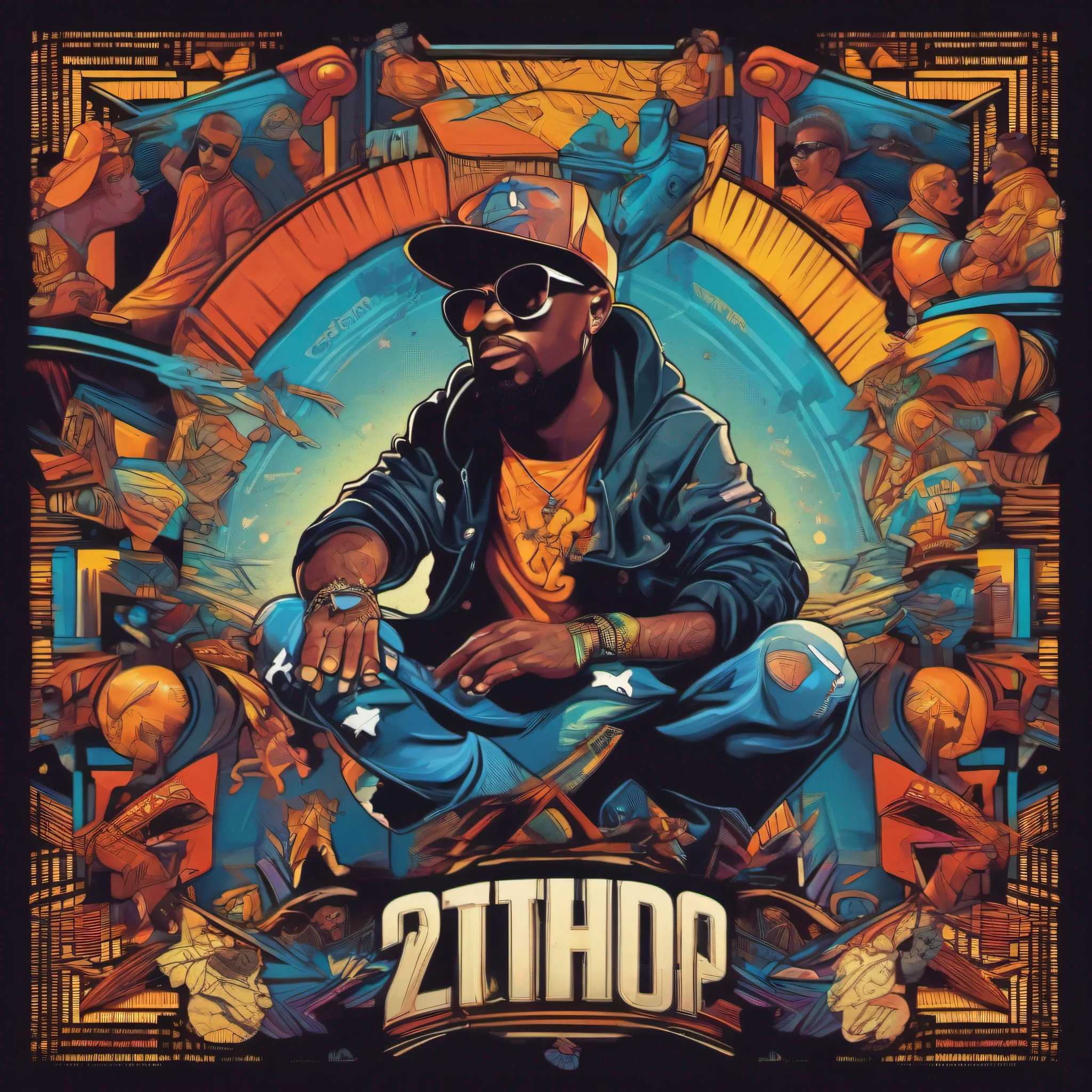 arte da camiseta, 2D, ((fundo preto :1, 5)), vetor, vivid colors, Funny character coelho personagem COM roupa ESTILO hip hop , melhor qualidade, detalhes intrincados, Realistic details, luz de aro, cinematic shading, Greg Rutkowisk,