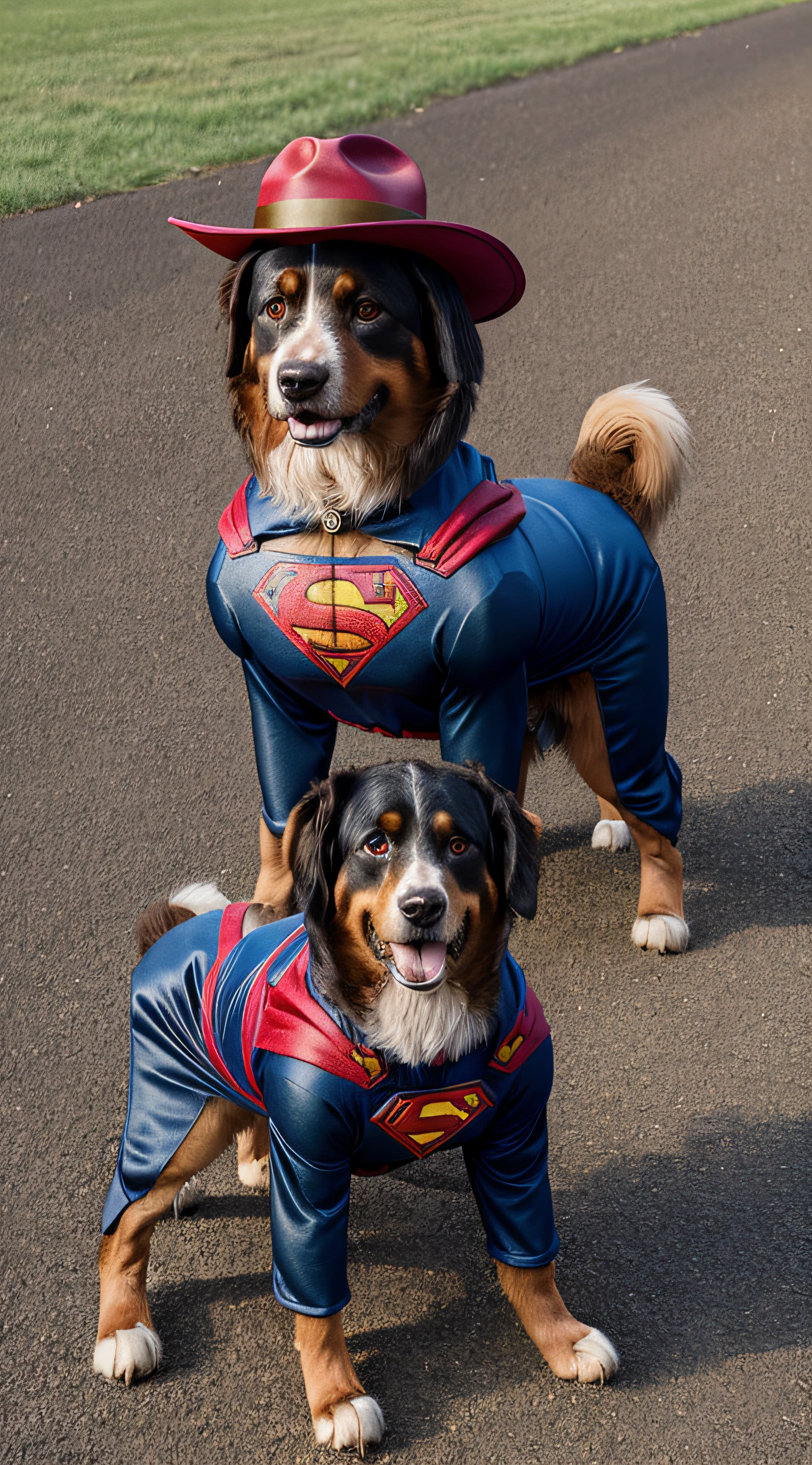 dog, realistic, hairy, clothed animal, apple, dark circles, blush, cherry, full body, hat, dog as henry cavill superman, dog wear henry cavill superman suit custom, non-human