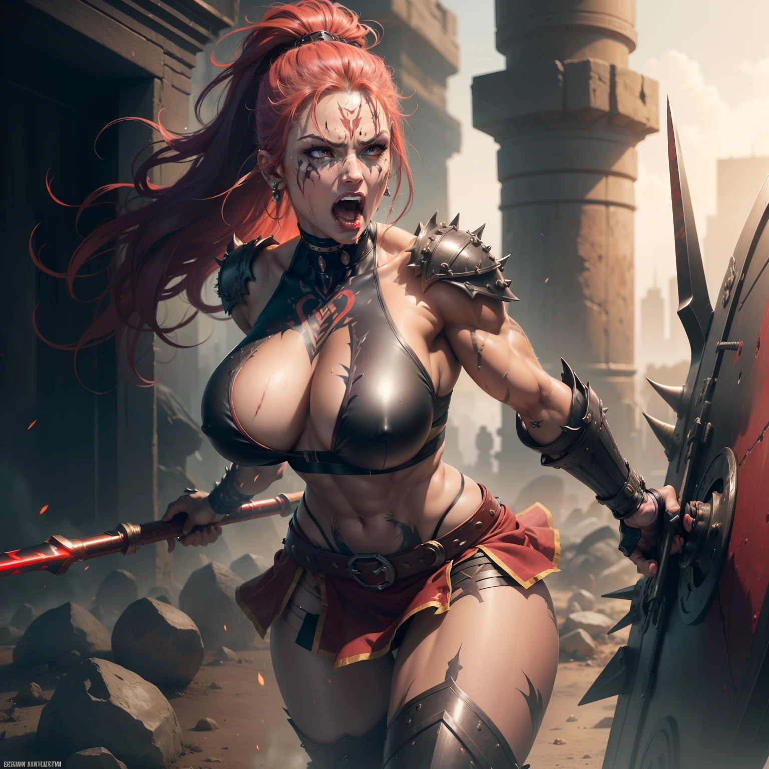 (female warrior), (toned body with well-marked muscles), (cyberpunk style metal armor), (breasts overflowing the armor), (detailed face with scars), (very red lipstick and dark red eyes), (holding a spear giant, with spikes and sharp), (muscular and well-defined, huge thighs), (skirt of Roman warriors), (screaming with anger), (shiny skin with dried blood), (Tattoos across the chests), (defined waist 0.8) , (perfect warrior woman), (work of art), (wet boobs), (huge ass)