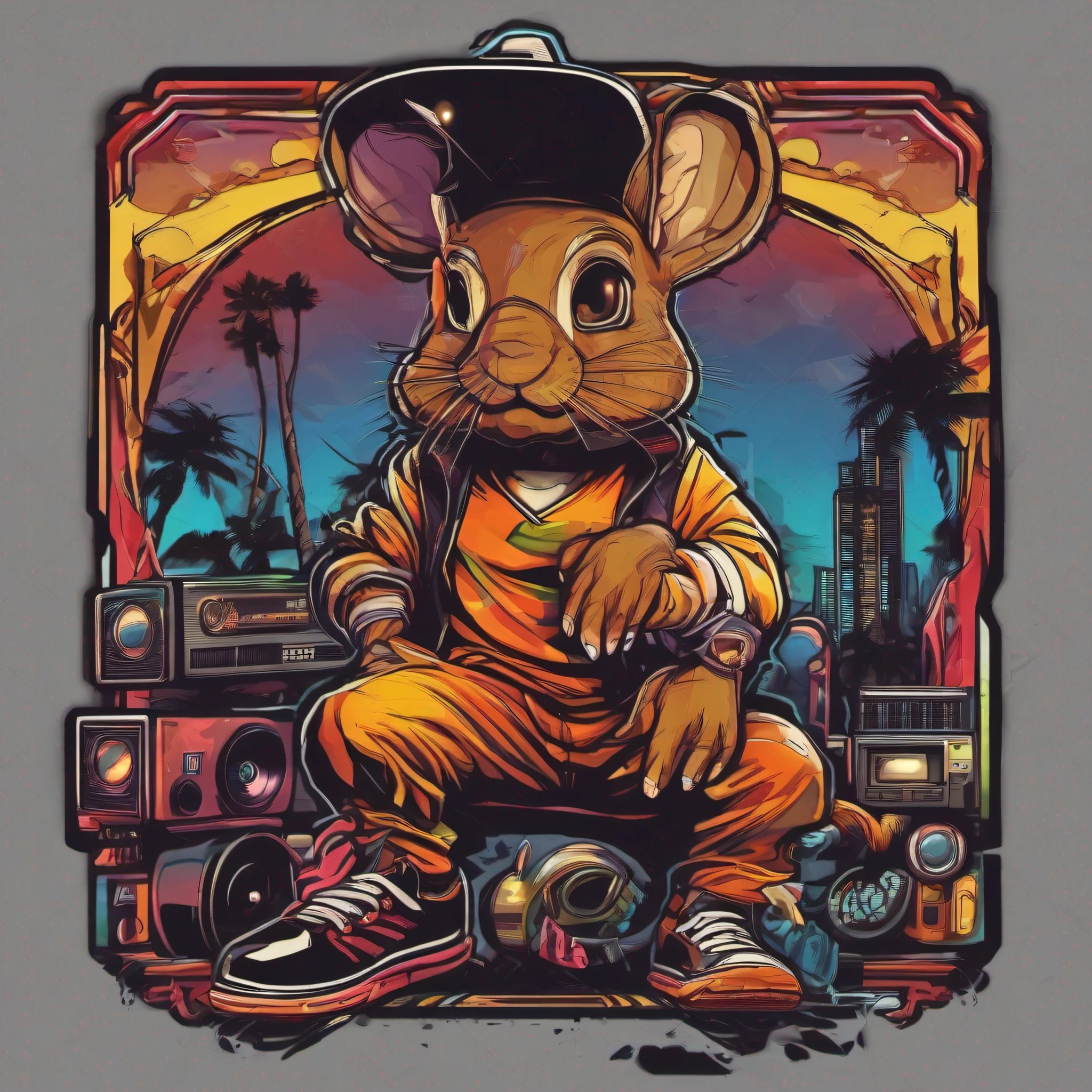 arte da camiseta, 2D, ((fundo preto :1, 5)), vetor, vivid colors, Funny character coelho personagem COM roupa ESTILO hip hop , melhor qualidade, detalhes intrincados, Realistic details, luz de aro, cinematic shading, Greg Rutkowisk,