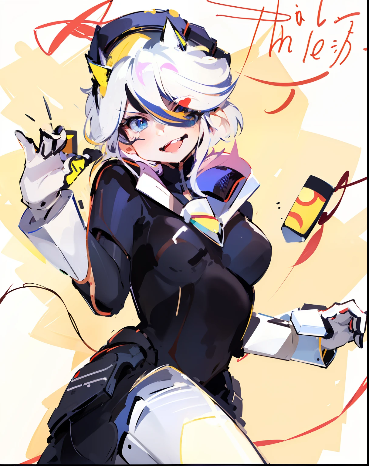There is a cartoon image of a woman with a microphone, Pose Linda, Fanart de alta calidad, fully robotic!!, Pose de villano, pose siniestra, sonrisa bonita, Rayo divino sobre su cabeza, protagonista femenina 👀 :8, con ojos amarillos brillantes, Ella tiene poderes de fuego
