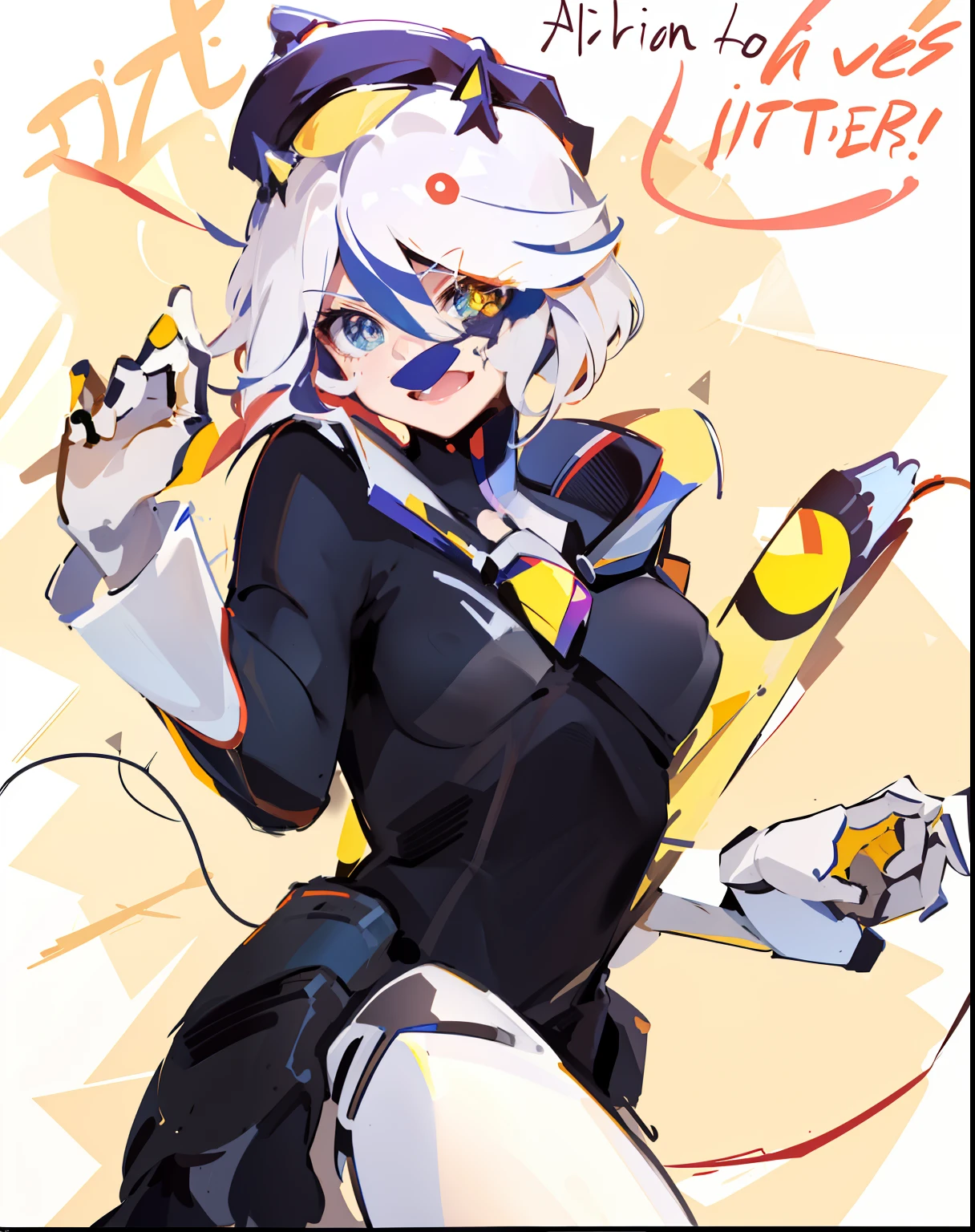 There is a cartoon image of a woman with a microphone, Pose Linda, Fanart de alta calidad, fully robotic!!, Pose de villano, pose siniestra, sonrisa bonita, Rayo divino sobre su cabeza, protagonista femenina 👀 :8, con ojos amarillos brillantes, Ella tiene poderes de fuego
