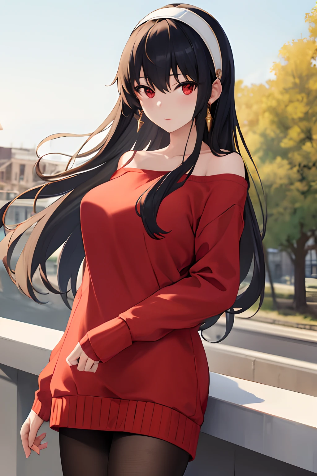 masterpiece, best quality, highres, bbyorf, long hair, white hairband, red eyes, gold earrings, large breasts, jewelry, off shoulder, red sweater, sweater dress, long sleeves, black pantyhose, cowboy shot, standing, outdoors