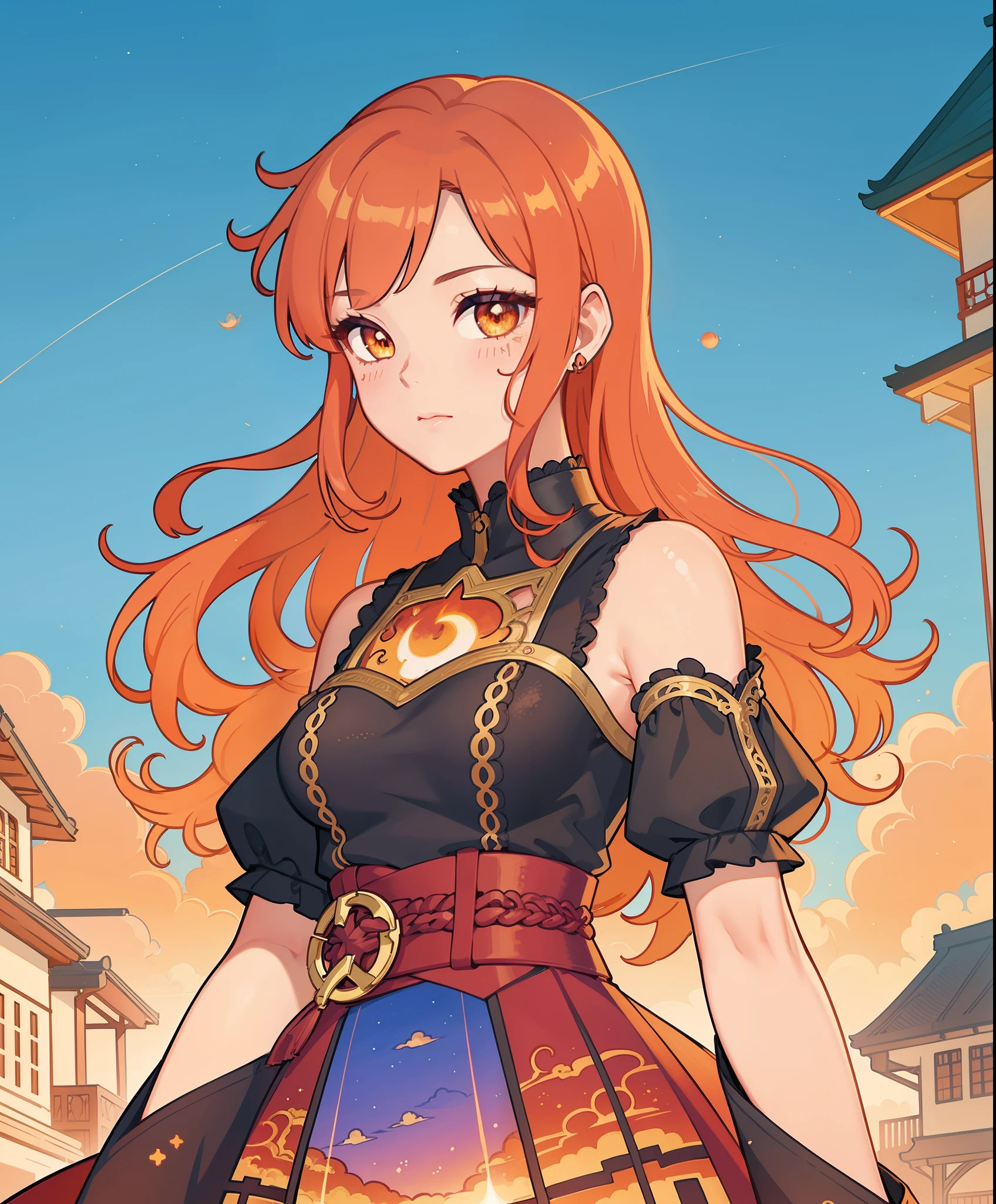 1girl, fiery amber eyes, wild crimson hair, sunset backdrop, golden hour glow, silhouette effect, fantasy elements, floating lanterns, detailed embroidery on dress, anime style, evocative expression, contrasting shadows, masterpiece, best quality, top-rated on ArtStation