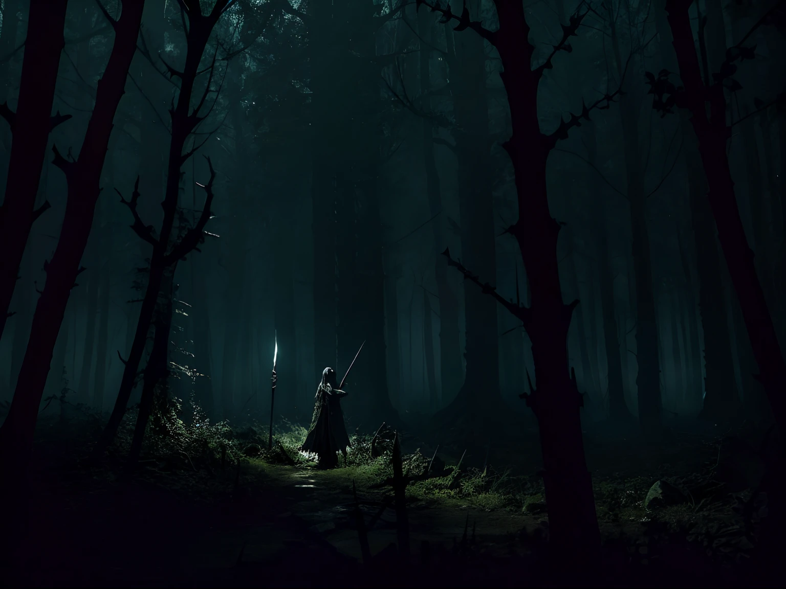 a spear with thorns in a dark and dense dark forest at night, Clima denso, gothic horror vibes, arte de fantasia de terror, cores mortas