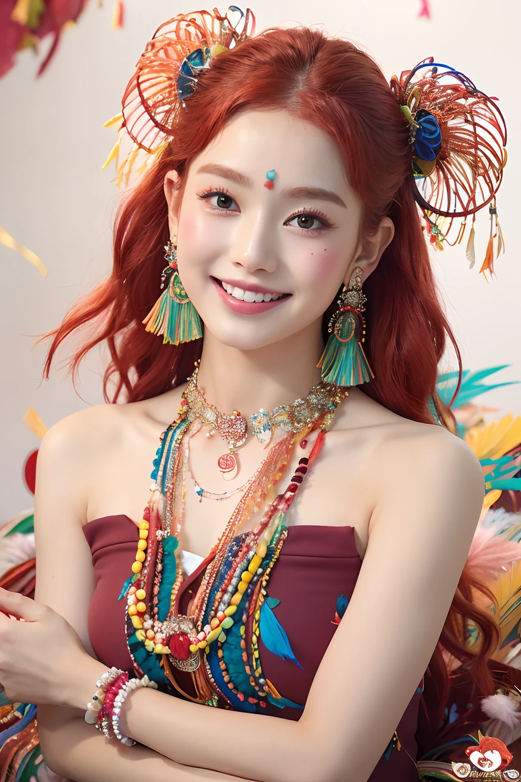 (extra detailed body、extra detailed face、best qualtiy:1.2)、femele、looking at the viewers、(red hairs、Hair ornament with many carnation flowers、a smile、17 age、Earrings of feathers up to the shoulders、Fancy Necklaces、A bracelet)、(Round big colorful yogibo mess on background:1.4)