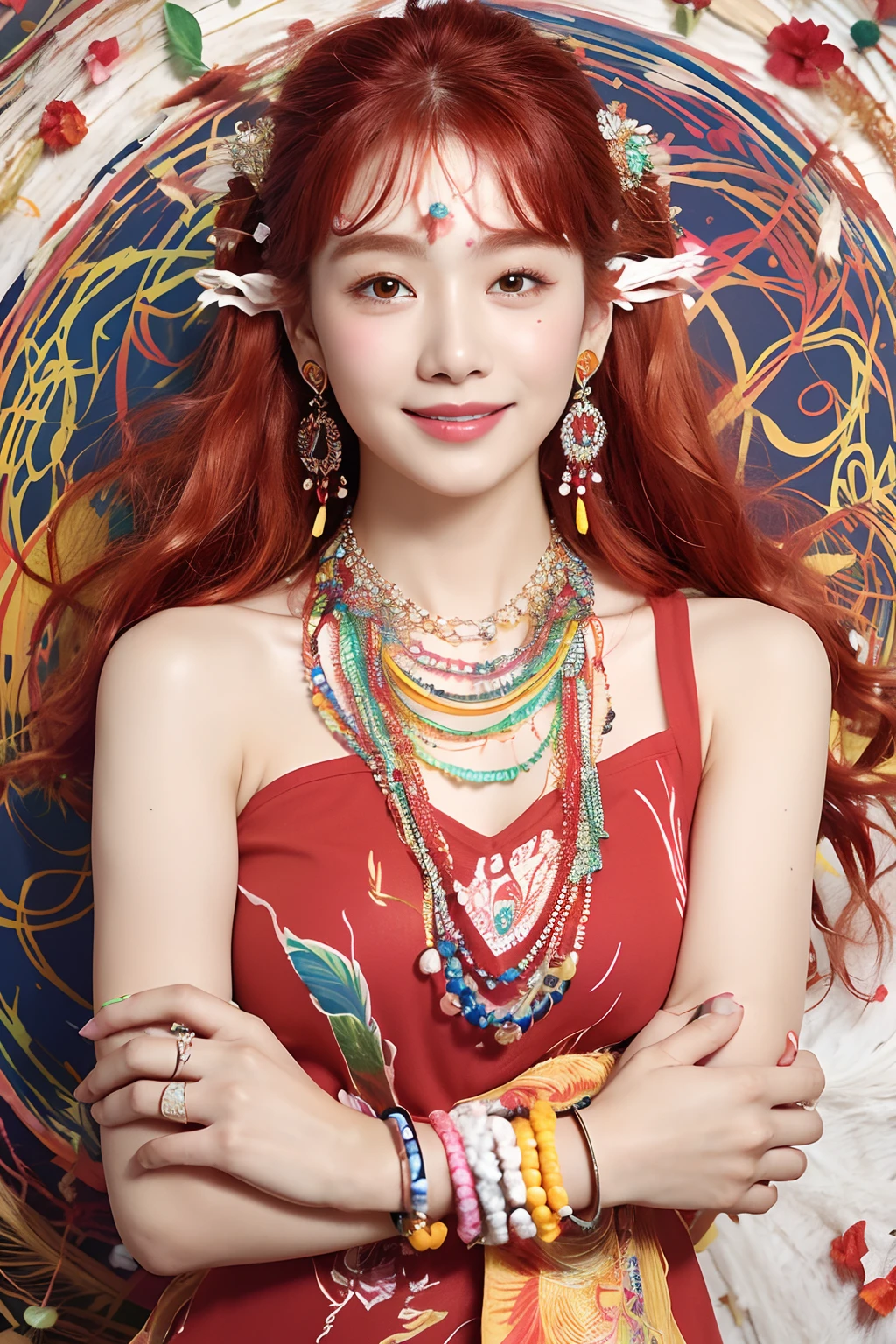 (extra detailed body、extra detailed face、best qualtiy:1.2)、femele、looking at the viewers、(red hairs、Hair ornament with many carnation flowers、a smile、17 age、Earrings of feathers up to the shoulders、Fancy Necklaces、A bracelet)、(Round big colorful yogibo mess on background:1.4)