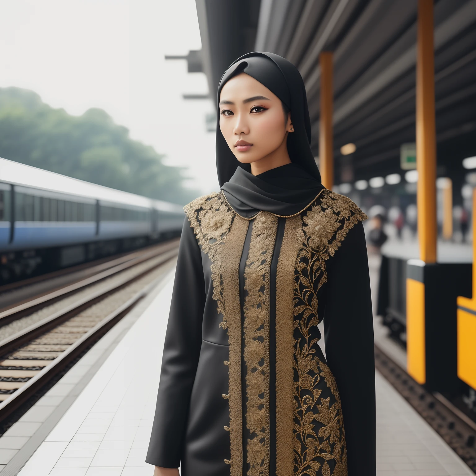 ((realism)), extremely high quality RAW photograph, detailed background, intricate, Exquisite details and textures, highly detailed, Photo of indonesia top model standing at train platform, station vibes 4k, sharp focus, high resolution, detailed skin, detailed eyes, 8k uhd, dslr, low harsh lighting, high quality, film grain, Fujifilm XT3,