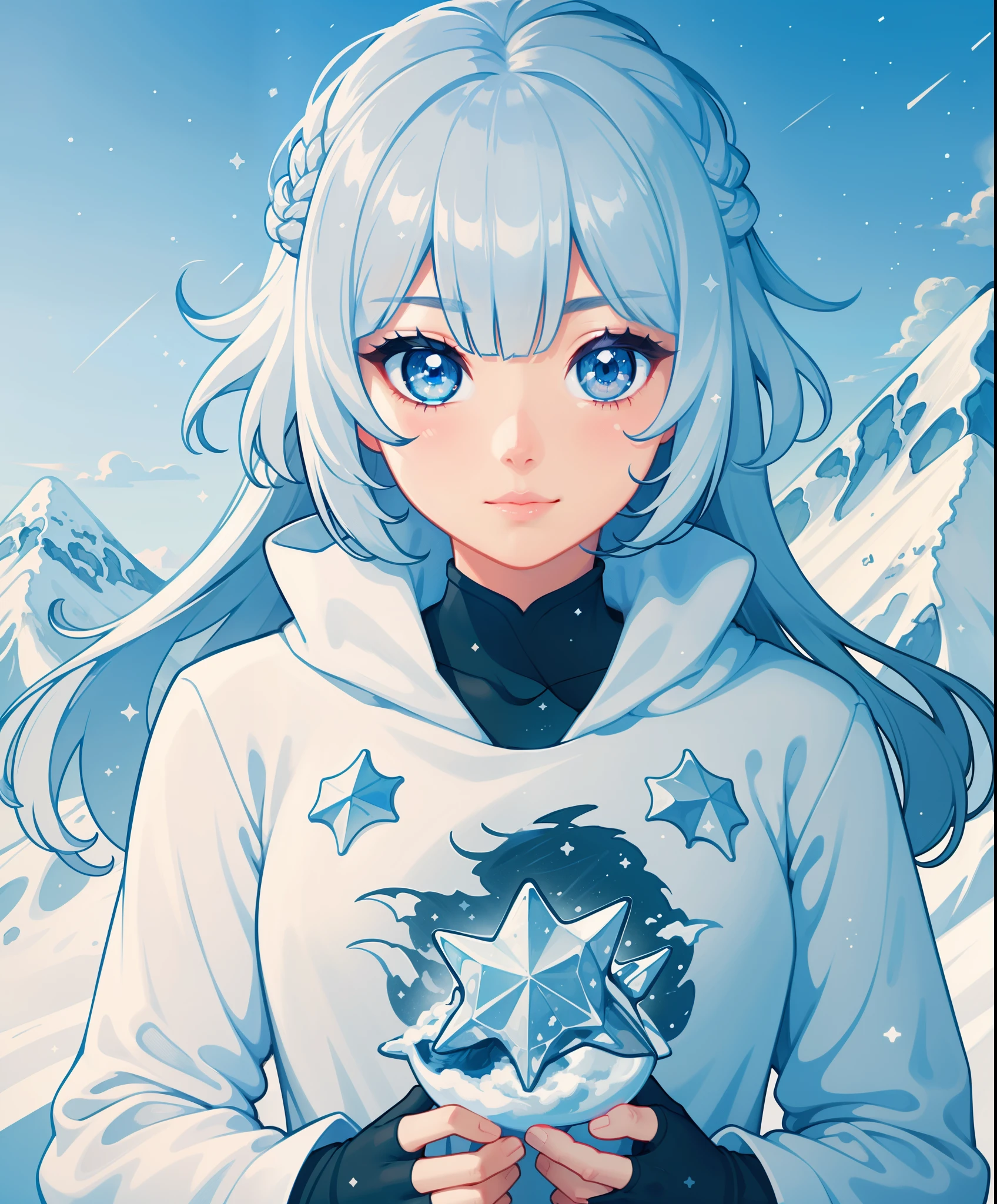 1girl, mountain summit, wind-tousled silver hair, eyes reflecting snow peaks, alpine attire, flurries around, holding ice crystal, masterpiece, best quality, highlighted on ArtStation