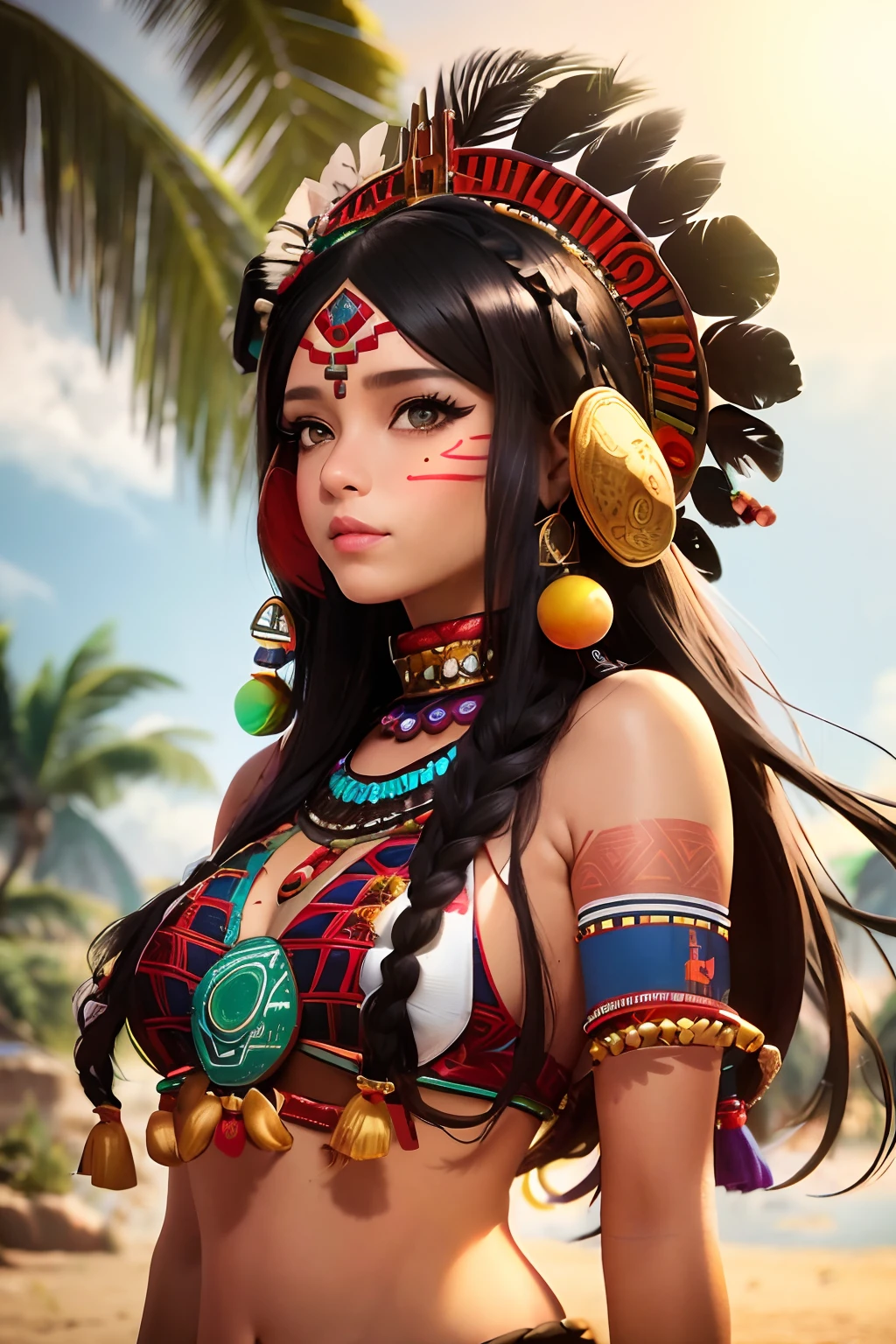 Alawi woman in native costume poses on a beach with palm trees, aztec princess portrait, Gorgeous Role Play, aztec queen, alena aenami and artgerm, aztec warrior goddess, aztec empress, Guviz-style artwork, she is dressed in shaman clothes, senna from league of legends, beautiful age girl, Anime girl cosplay