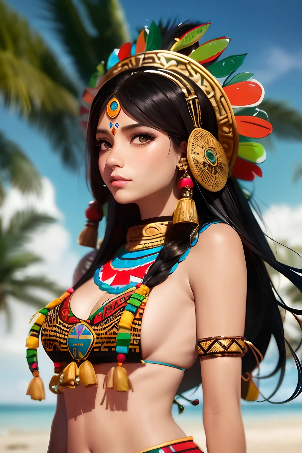 Alawi woman in native costume poses on a beach with palm trees, aztec princess portrait, Gorgeous Role Play, aztec queen, alena aenami and artgerm, aztec warrior goddess, aztec empress, Guviz-style artwork, she is dressed in shaman clothes, senna from league of legends, beautiful age girl, Anime girl cosplay