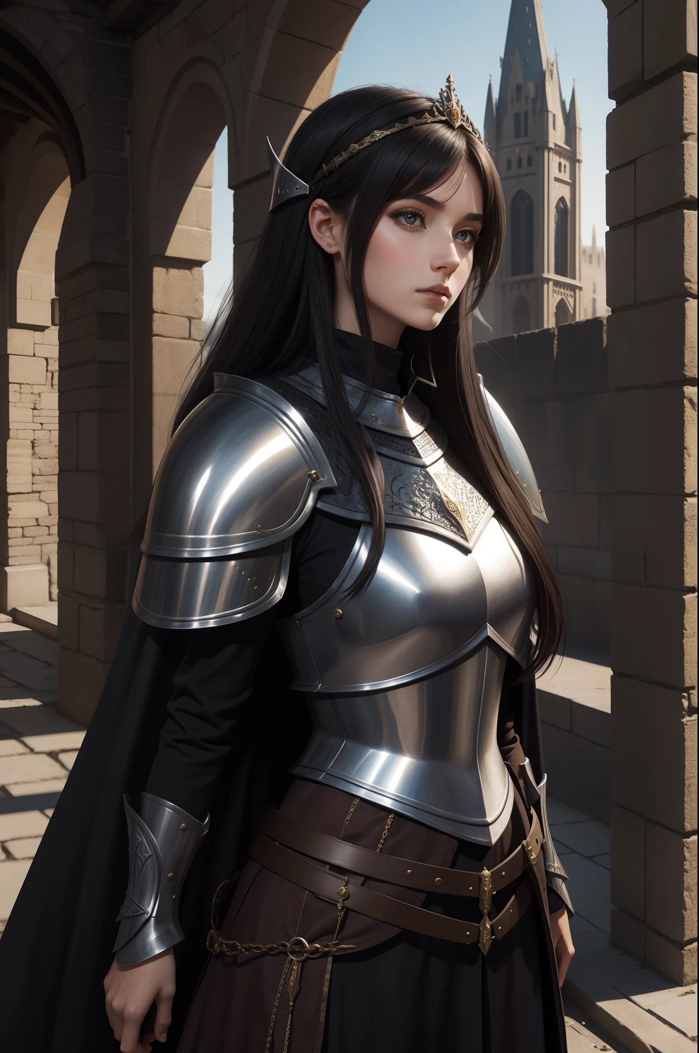 girl, knight, city guard, dark hairs, high fantasy style, medieval style