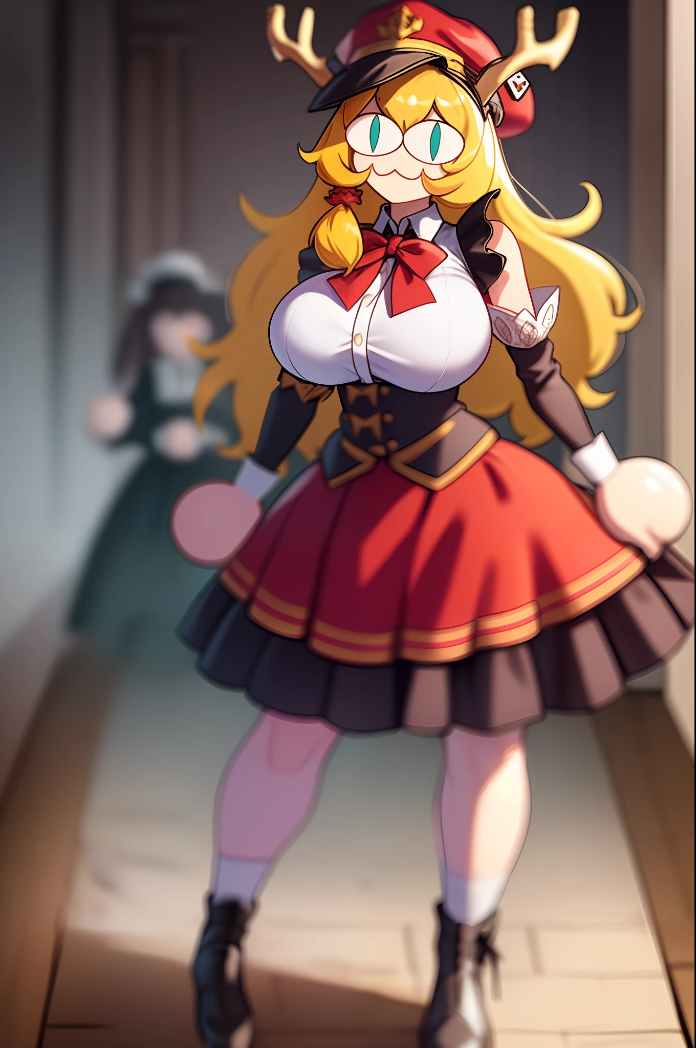 necoarc,r, red skirt, skirt, yellow bow, antlers, black bloomers, detached sleeves, hat, pom pom \(clothes\), red headwear, tassel, 2d, cartoon, skirt, thicc body, huge breast, long dress,, walking, pullover,vest,maid, long hair , blond hair, big skirt