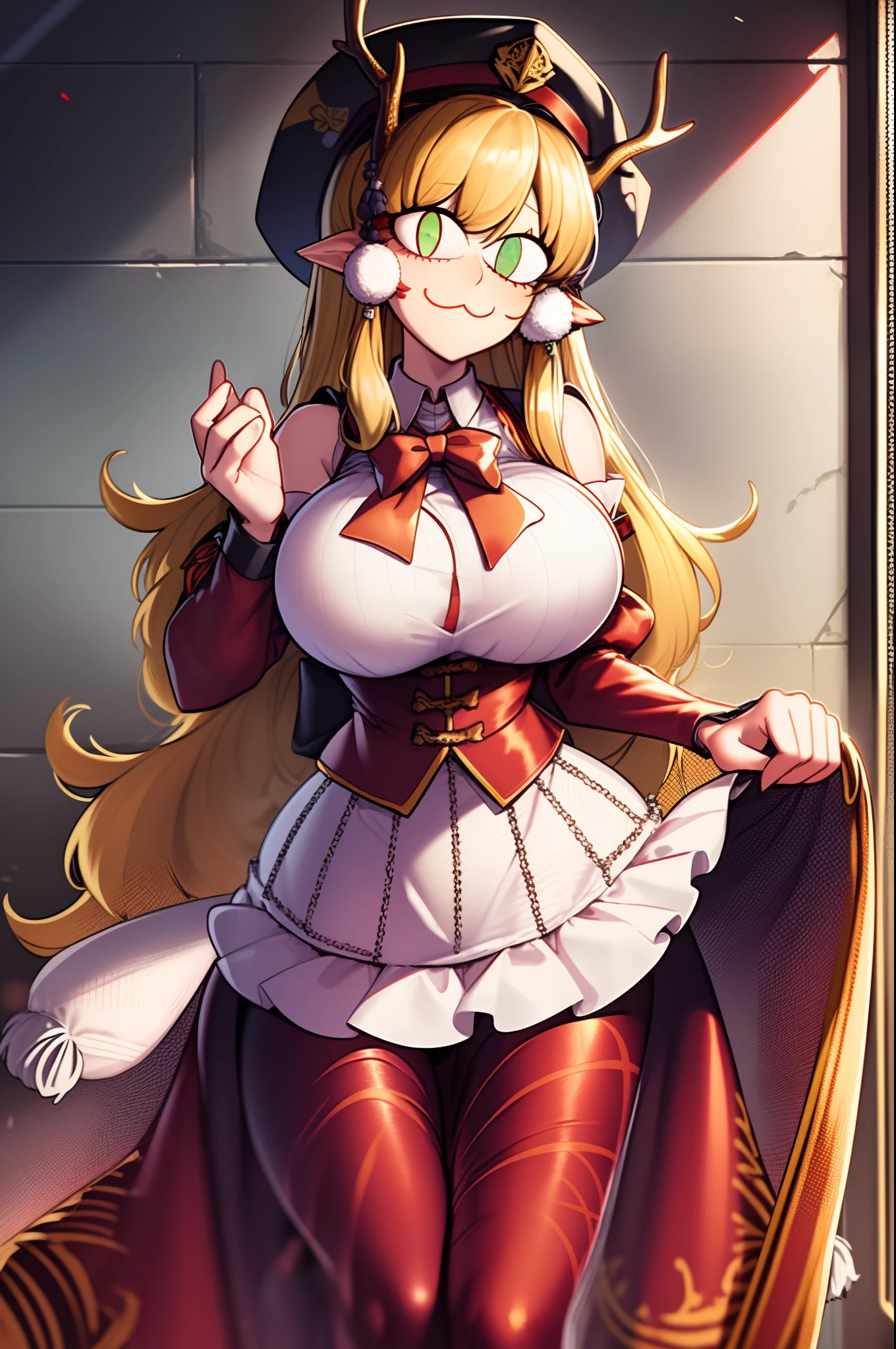 necoarc,r, red skirt, skirt, yellow bow, antlers, black bloomers, detached sleeves, hat, pom pom \(clothes\), red headwear, tassel, 2d, cartoon, skirt, thicc body, huge breast, long dress,, walking, pullover,vest,maid, long hair , blond hair, big skirt