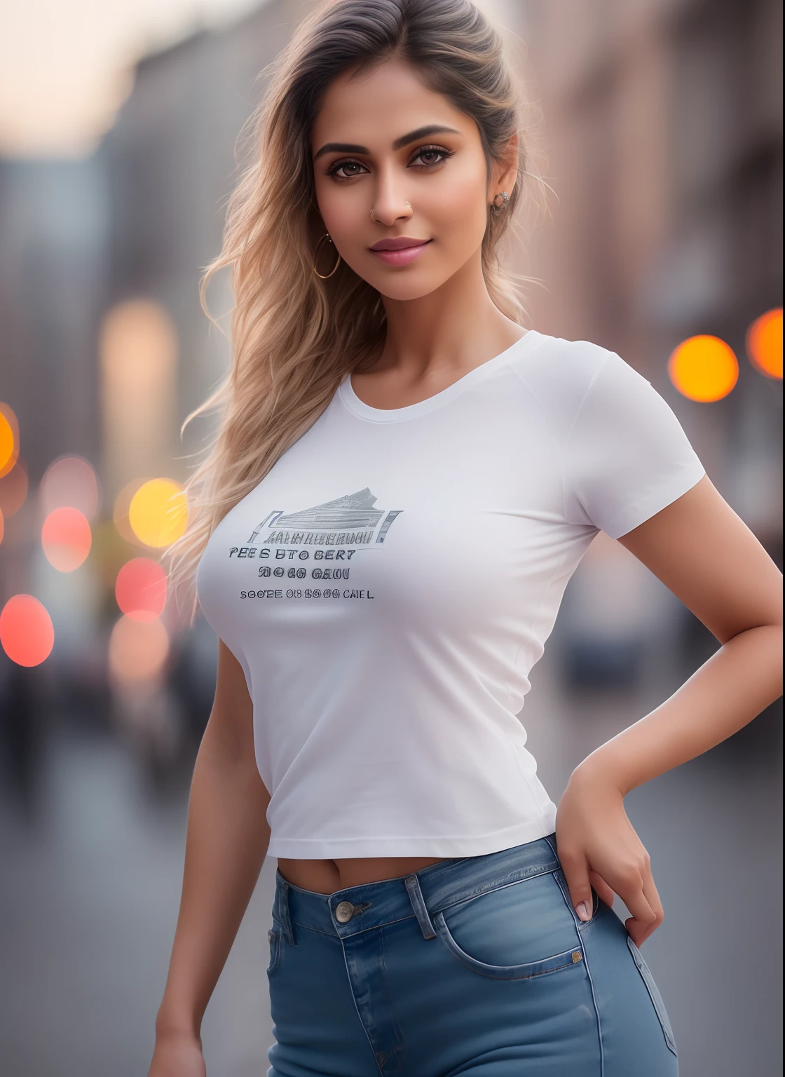 (8k), (best quality), (masterpiece:1.2), (realistic), (photorealistic:1.37), ultra-detailed, 1 indian girl , caucasian, detailed face, (tight jean), (t-shirt), ((night street background)), (stands straight), ((perfect female body, skin dentation)), mature female, milf, narrow waist, smile, (full body), sexy legs, blonde | ponytail | wavy, high quality, HDR, 4K, photorealistic, incredible detail of the skin, (slightly sweaty body:0.5), professional photo