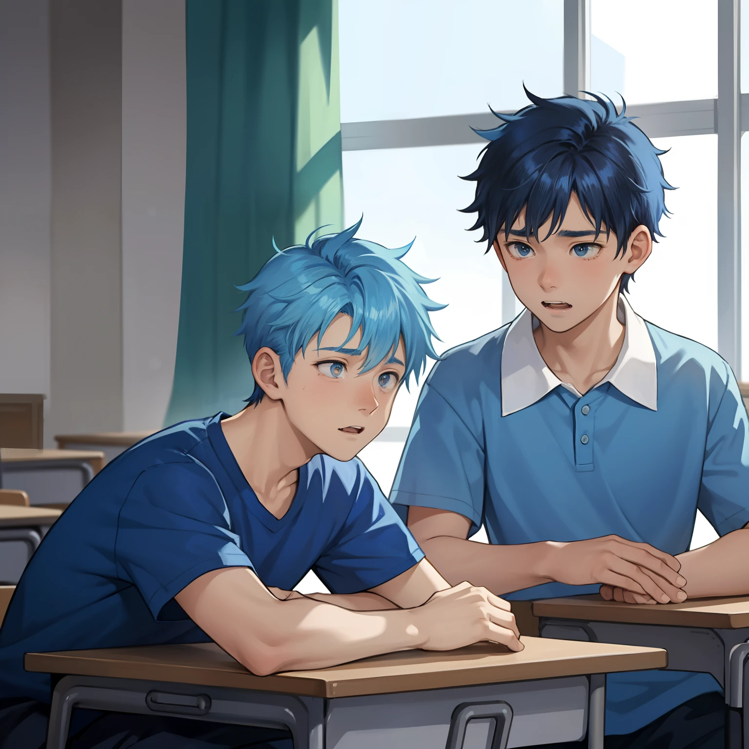 A -yeld bopeaks opens his mouth by saying a few words, With blue hair he is in the classroom telling his best friend a sad story.