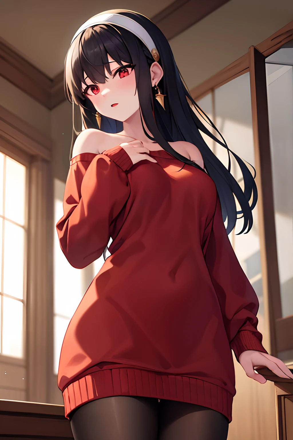 masterpiece, best quality, highres, bbyorf, long hair, white hairband, red eyes, gold earrings, large breasts, jewelry, off shoulder, red sweater, sweater dress, long sleeves, black pantyhose, cowboy shot, standing, from below