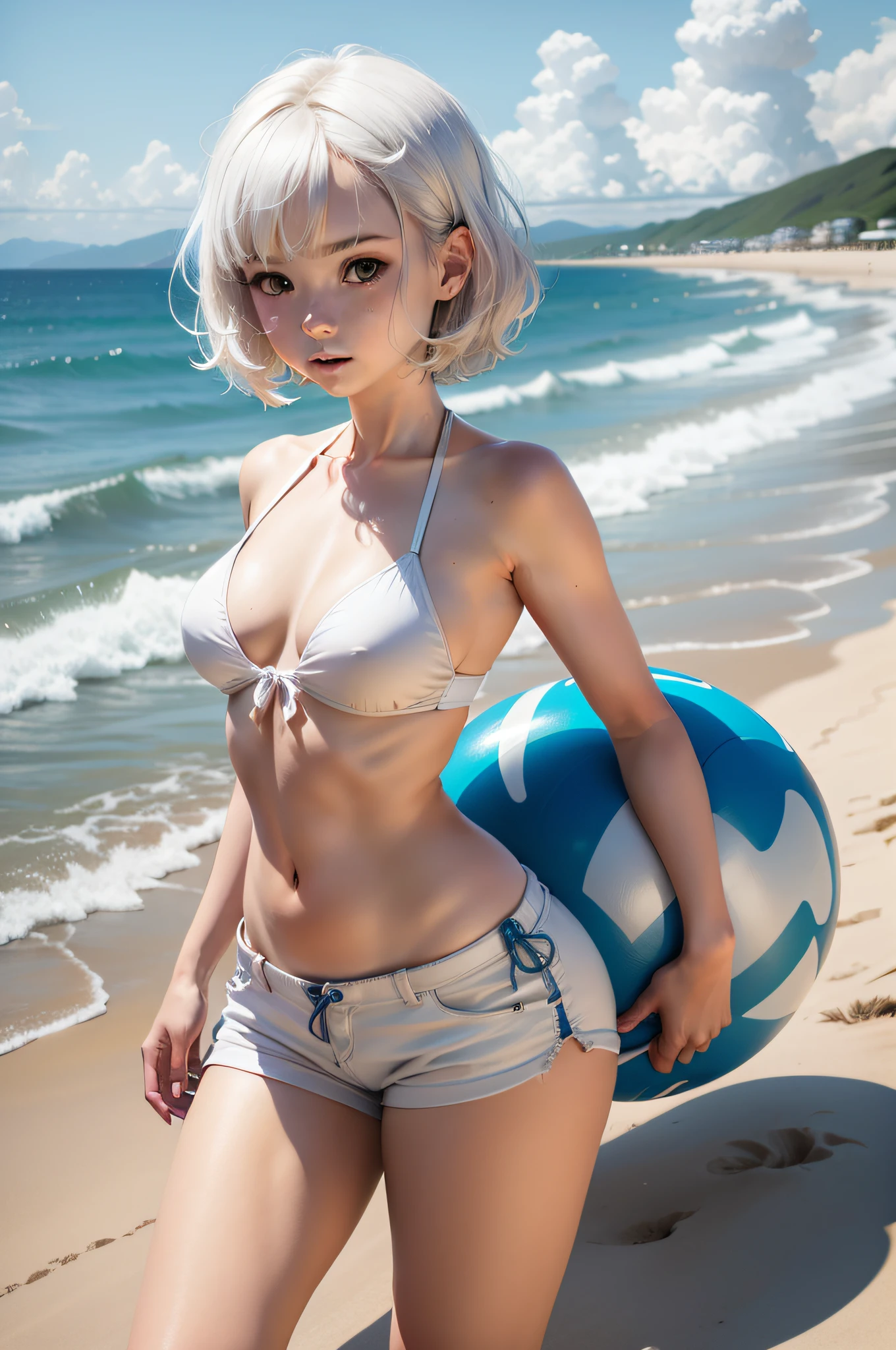 adolescente de 13 anos na praia, Cute short with short white hair cute white in 4k well albino in white bikini and blue shorts strolling on the beach with a round ass small breasts beautiful in anime format