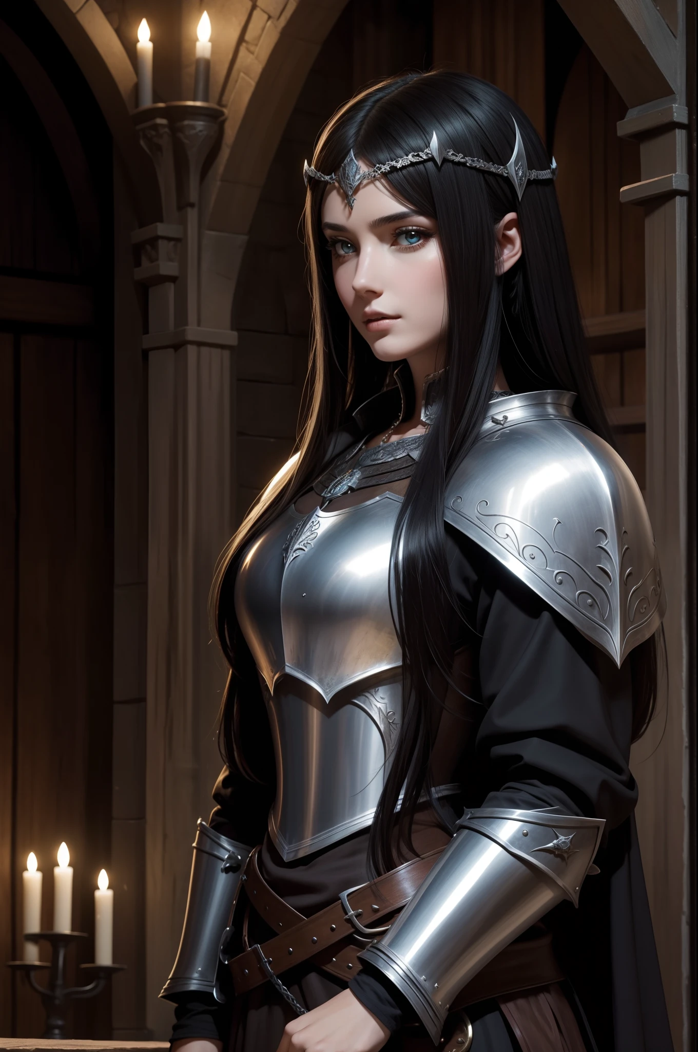 pretty girl, knight, dark hairs, high fantasy style, medieval style