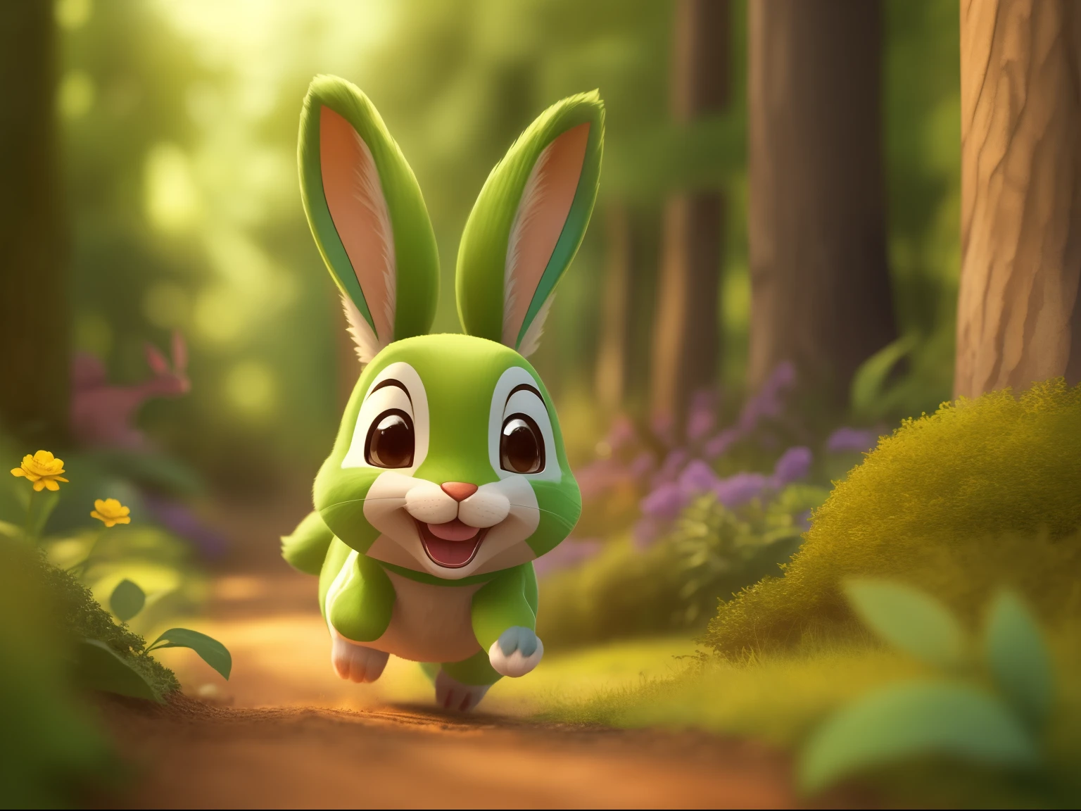 Comando: criar personagem realista, cinematic, 3D de um coelho colorido ,feliz ,correndo e saltando  na floresta com amigos, various expressions and poses to illustrate a children's storybook. description: Generate an image of an adorable, smiling rabbit running among the trees in the forest, expressando pura felicidade e liberdade.