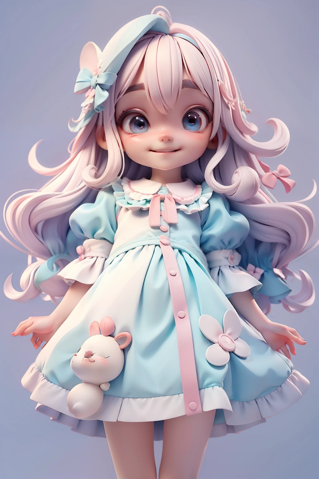 Loli Alice Wonderland, segurando um baby coelho branco, roupa colorida, menina meiga, olhos delicados, cabelo e roupa multicolorido, sorriso delicado, fundo simples e branco