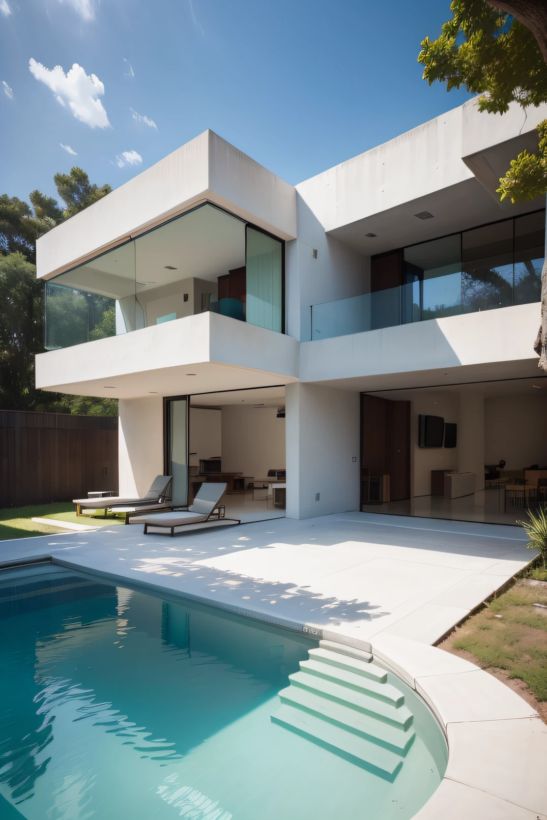 there is a pool in the backyard with a tree in the middle, concrete architecture, very vanish, and new, recently built, white walls, architectural shot, archdaily, brutal concrete architecture, inter dimensional villa, contemporary architecture, concrete housing, arborescent architecture, concrete, brutalist shiro, arhitectural shot, well-designed masterpiece, by Matteo Pérez, pablo olivera, open wall architecture