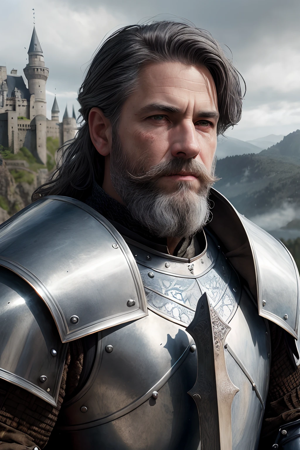 photorealistic, top quality, masterpiece, cinematic composition, slow motion, (medium shot of a medieval knight, sombre and weathered face, beard, grey hair:1.2), chain mail and plate armour, (realistic and detailed|intricate armour:1.1), (visible face:1.3), (photorealistic physiognomy|eyes|iris|skin|musculature, detailed skin, skin texture, natural skin), (holding a sword in his hand:1. 2), frontal perspective, imposing and determined pose, looking forward with determination, skin imperfections, natural skin wrinkles, natural skin spots, highly detailed clothes, abundant details, intricate details, realistic wrinkles in clothing, medieval fantasy landscape, cloudy sky, castle in the background in the distance, radiant lighting, deep shadows, dramatic scene, dark and cool colour palette, blue and grey tones, No other characters in the scene, abundant detail|intricate, detailed landscape, volumetric lighting, (detailed lighting), (detailed light reflections on armour:1. 1), 8k, highly detailed, UHD, HDR, photorealistic facial expression|hairstyle