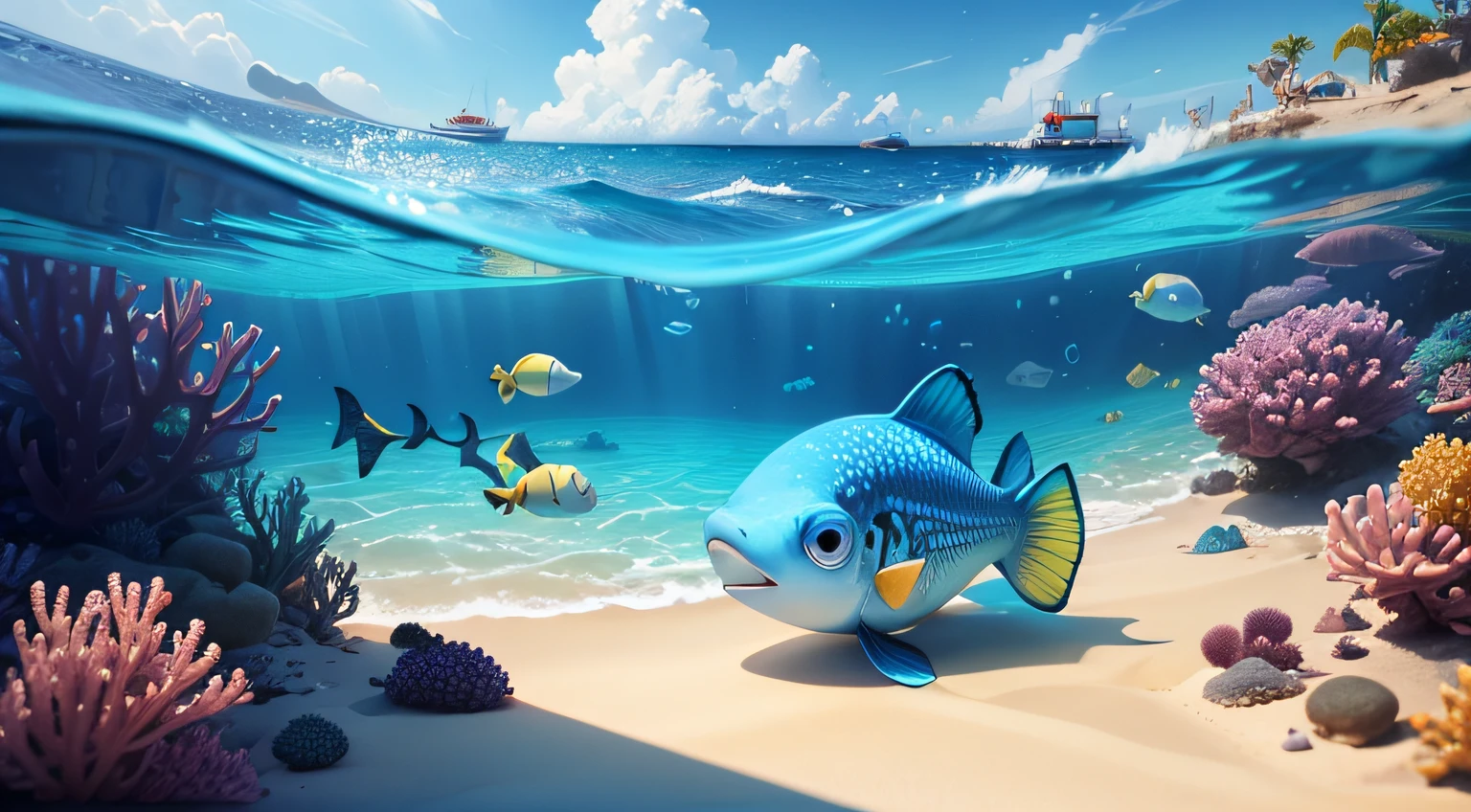 A small fish named Vitor was on the edge of the reef and saw a big blue ocean. toon, Pixar style, ..3d, Anime drawing --auto