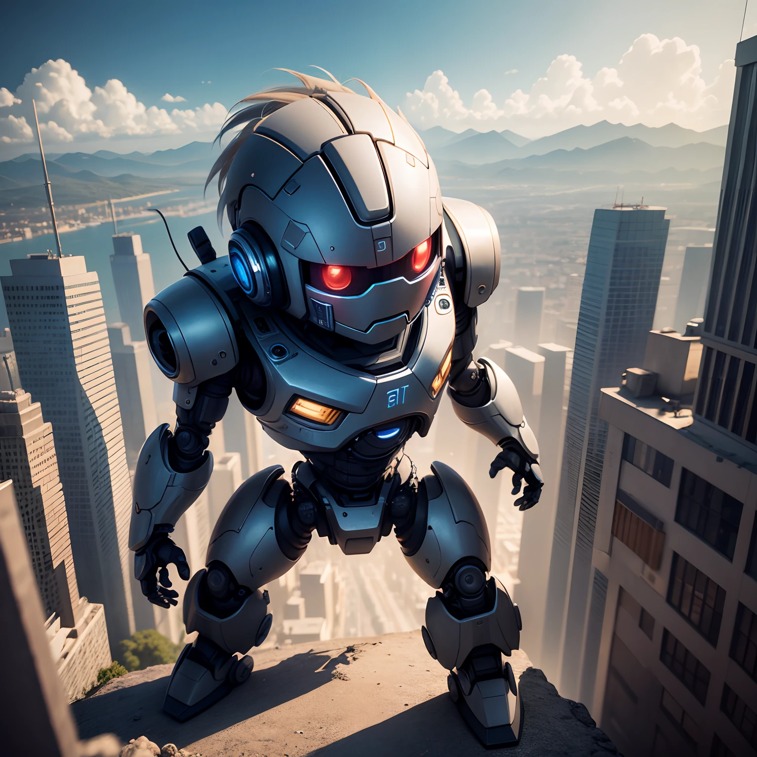 Very detailed realistic robot boy chibi 8k with a city in the background battling happy