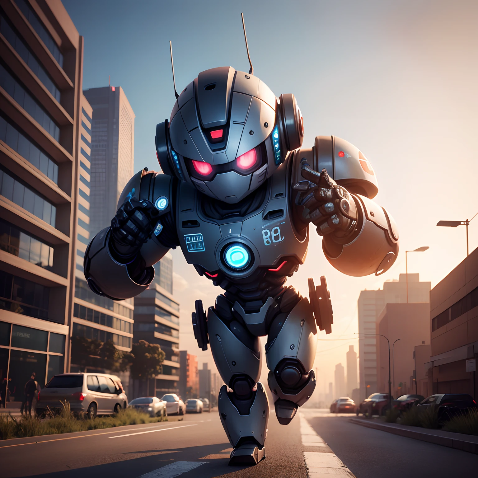 Very detailed realistic robot boy chibi 8k with a city in the background fighting