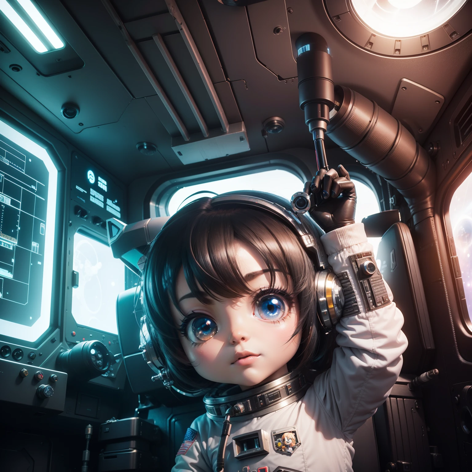 （((Outer Space))) (in the narrow cockpit} of spaceship): 1.4, (spaceship in outer space}) :1.3, (dark universe out the the window):1.3, cybertic design, cybertic room, cybertic wall, embedded light, lots of machines and instruments, planet and cybertic room, cybertic wall, embedded,(((chibi3d))) cute and beautiful chibi anime,👩🏻‍🚀👨🏼‍🚀👨🏼‍🚀